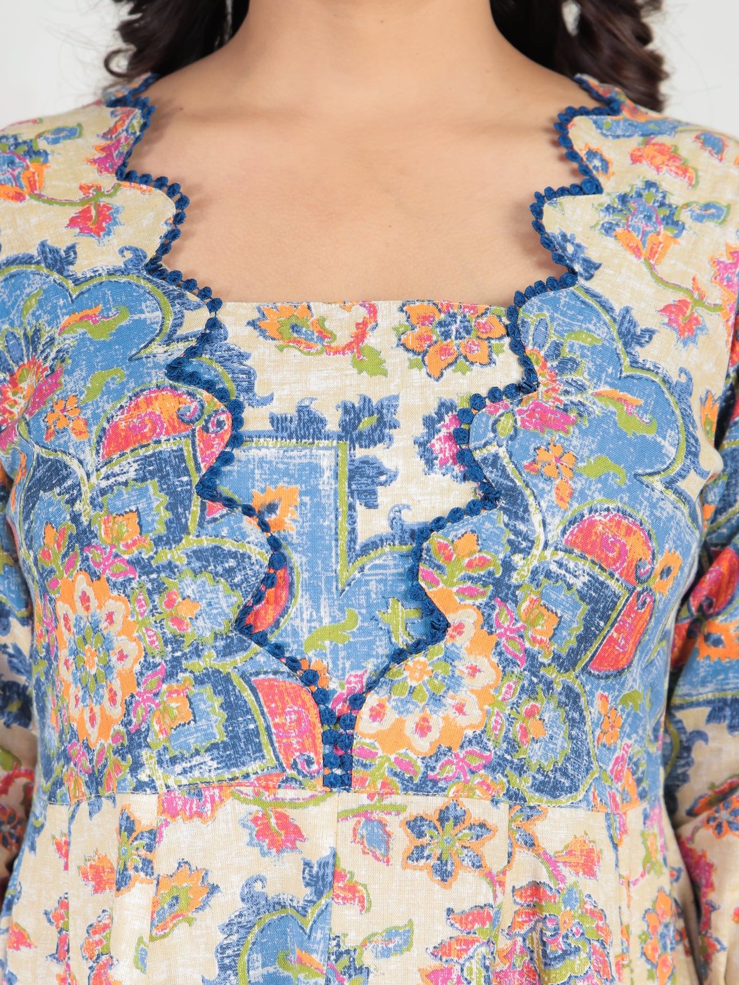 Linen Cotton Floral Flared Off White Dress