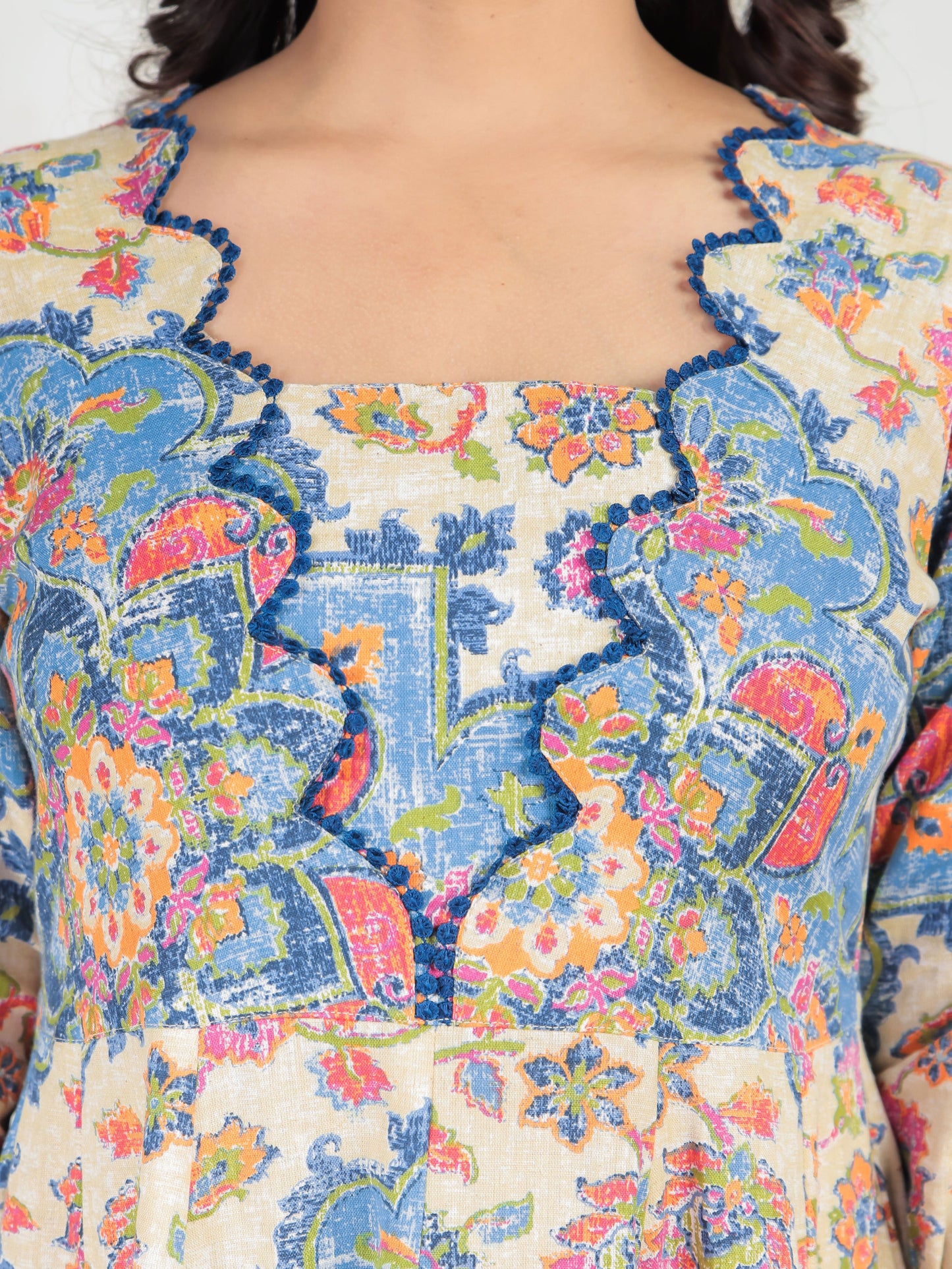 Linen Cotton Floral Flared Off White Dress