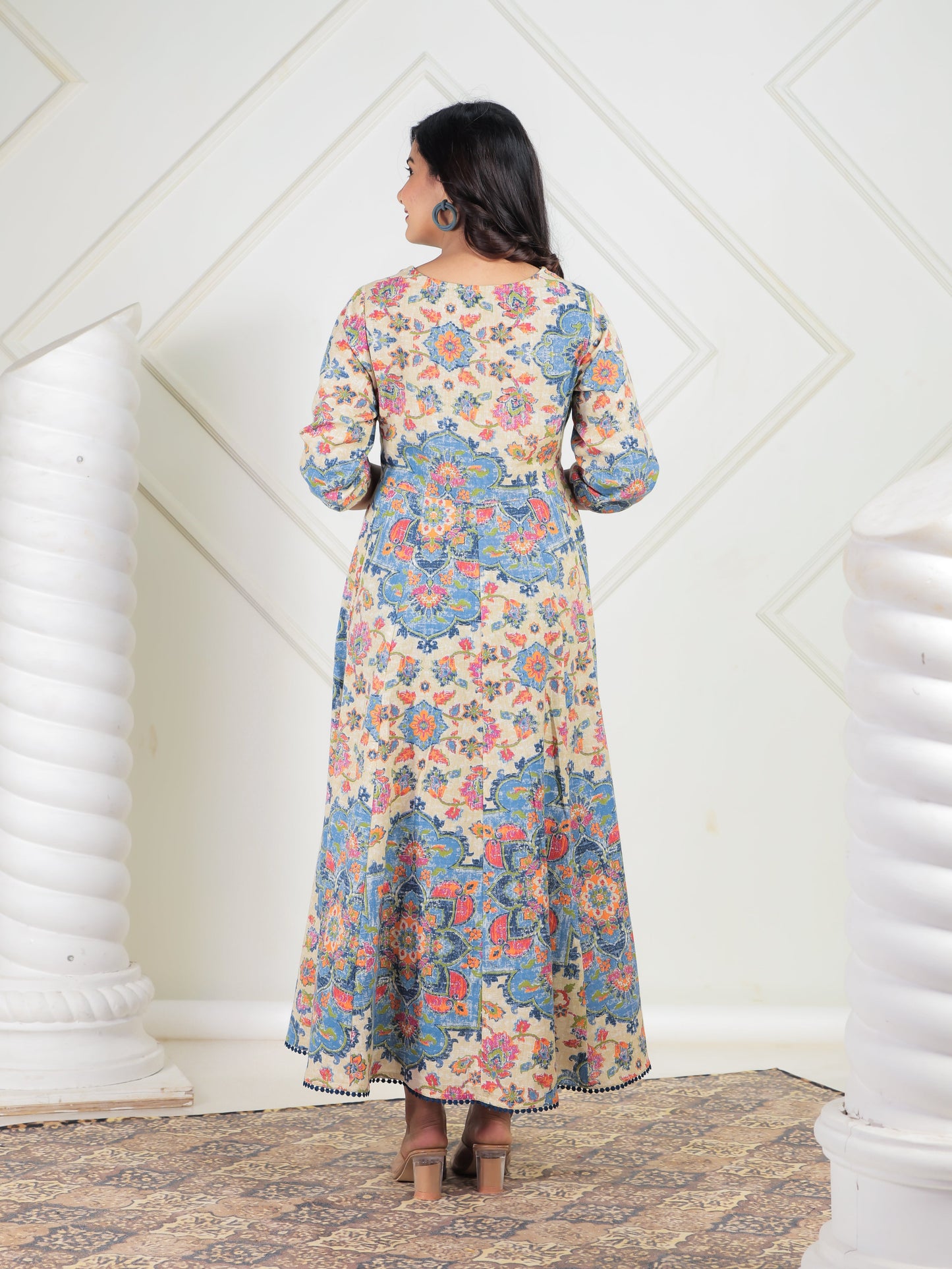 Linen Cotton Floral Flared Off White Dress