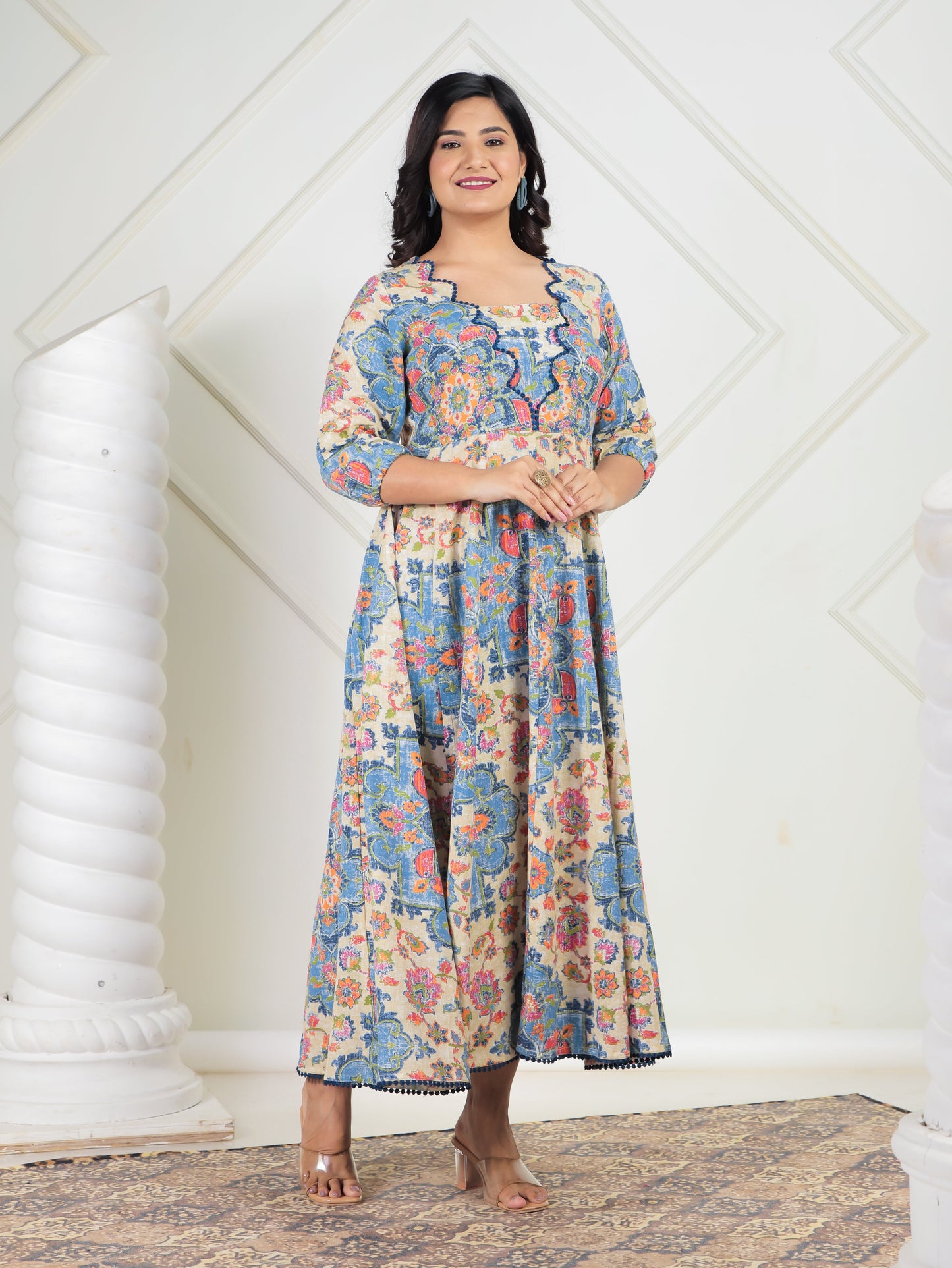 Linen Cotton Floral Flared Off White Dress