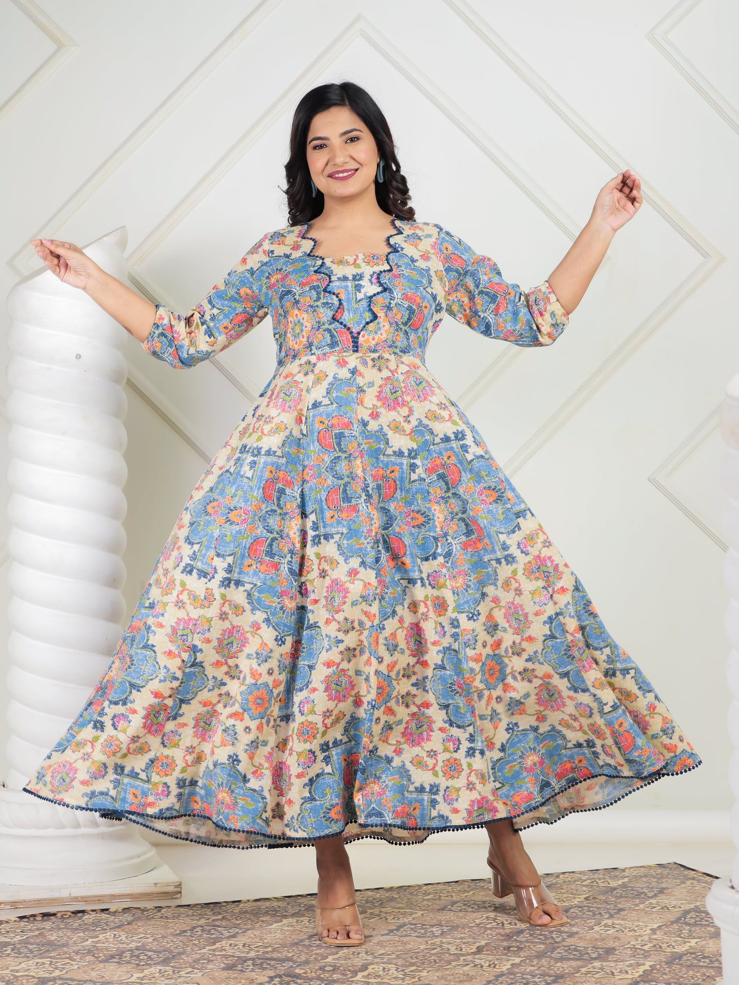 Linen Cotton Floral Flared Off White Dress