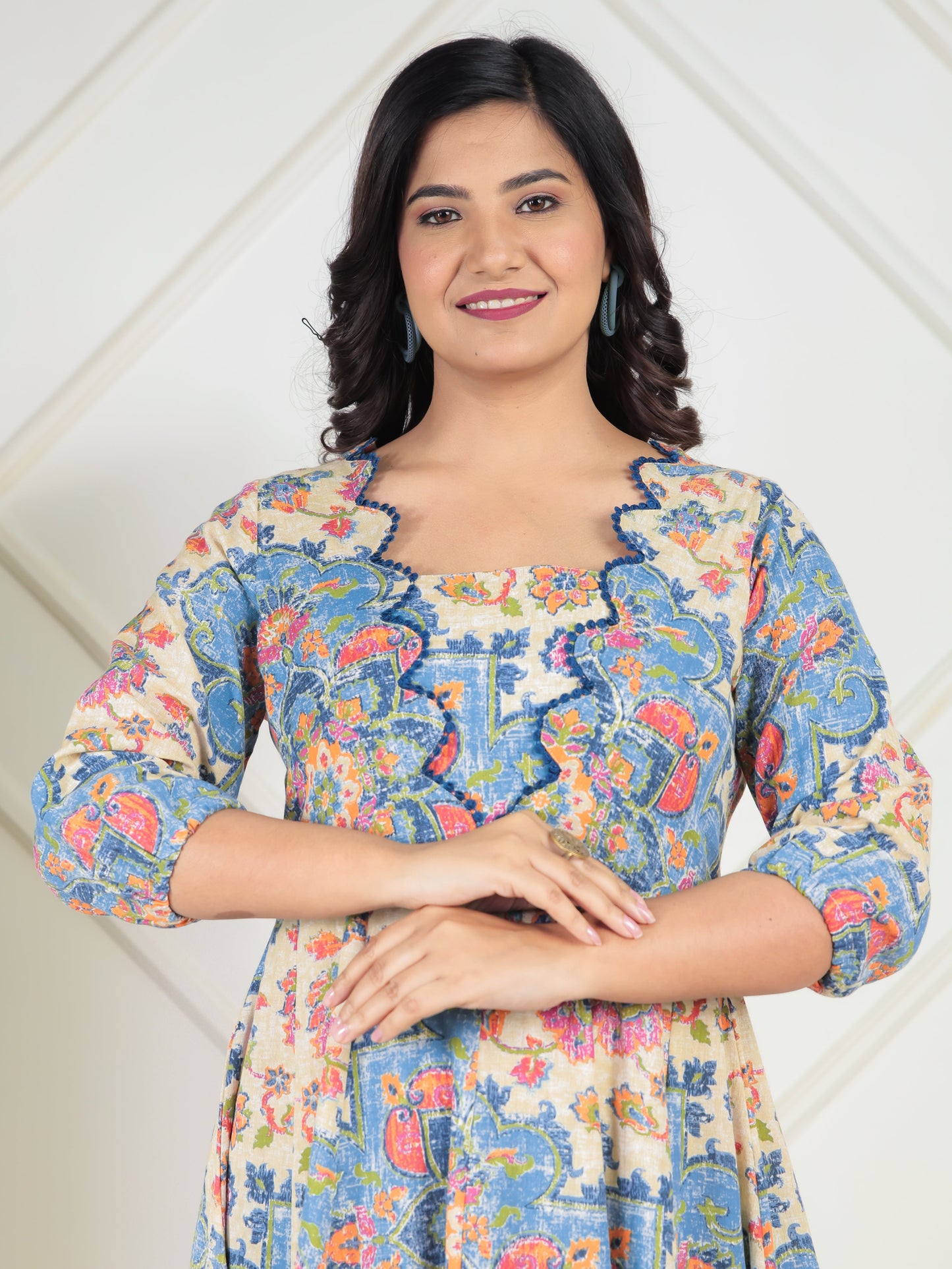 Linen Cotton Floral Flared Off White Dress