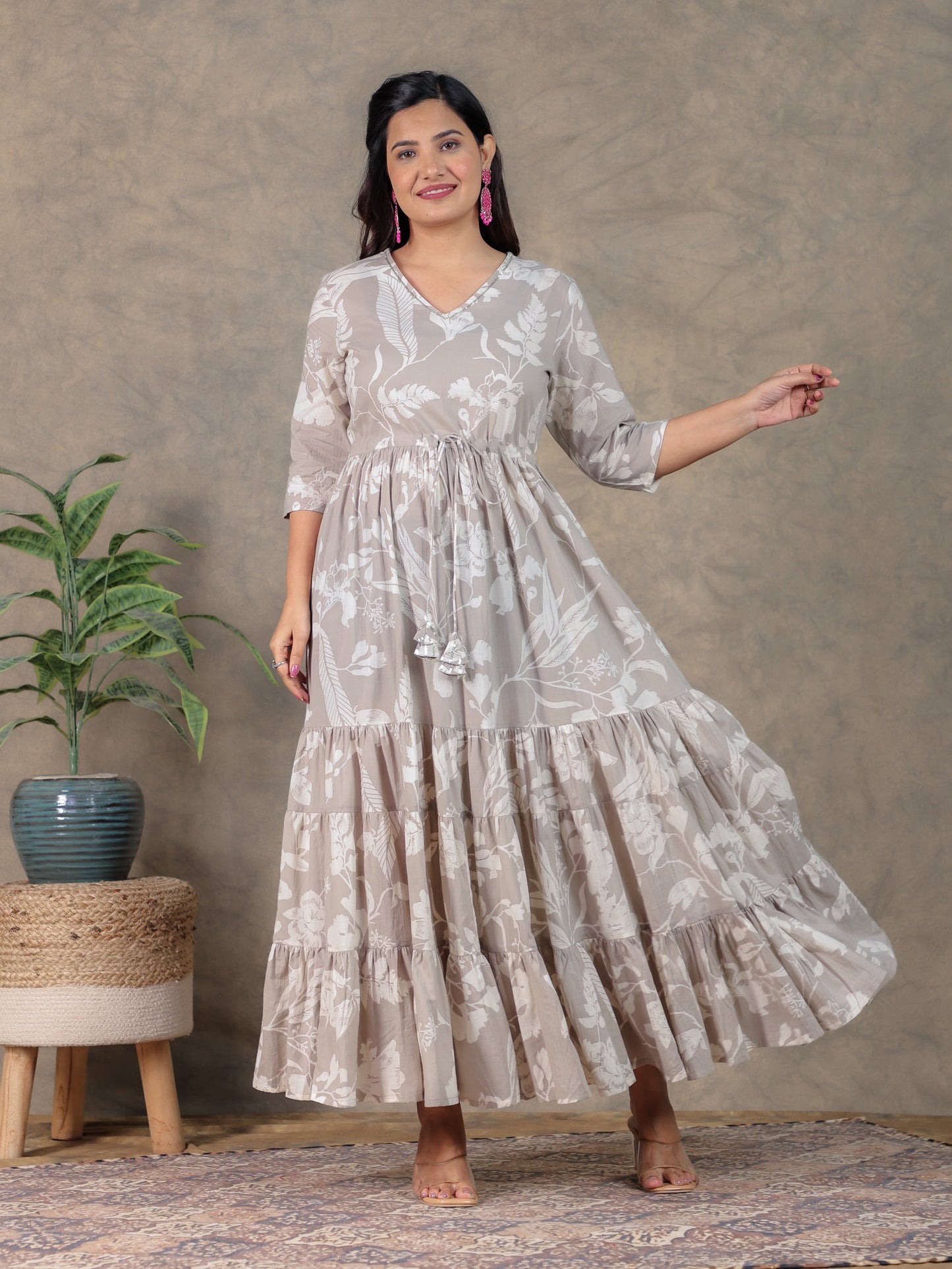 Embroidered Soft Cotton Floral Tiered Grey Dress
