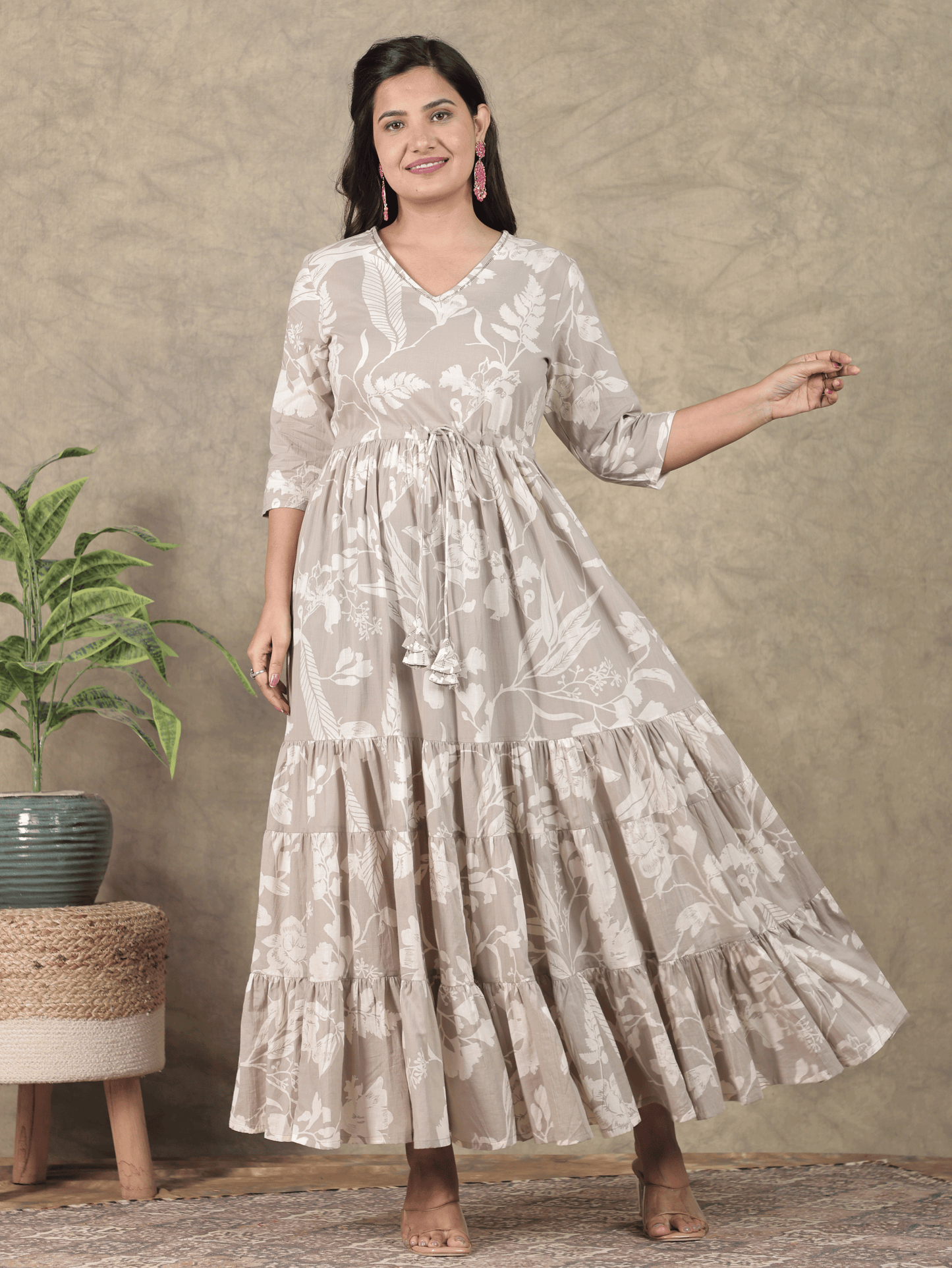 Embroidered Soft Cotton Floral Tiered Grey Dress