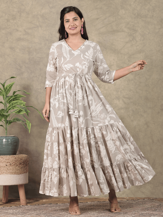 Embroidered Soft Cotton Floral Tiered Grey Dress