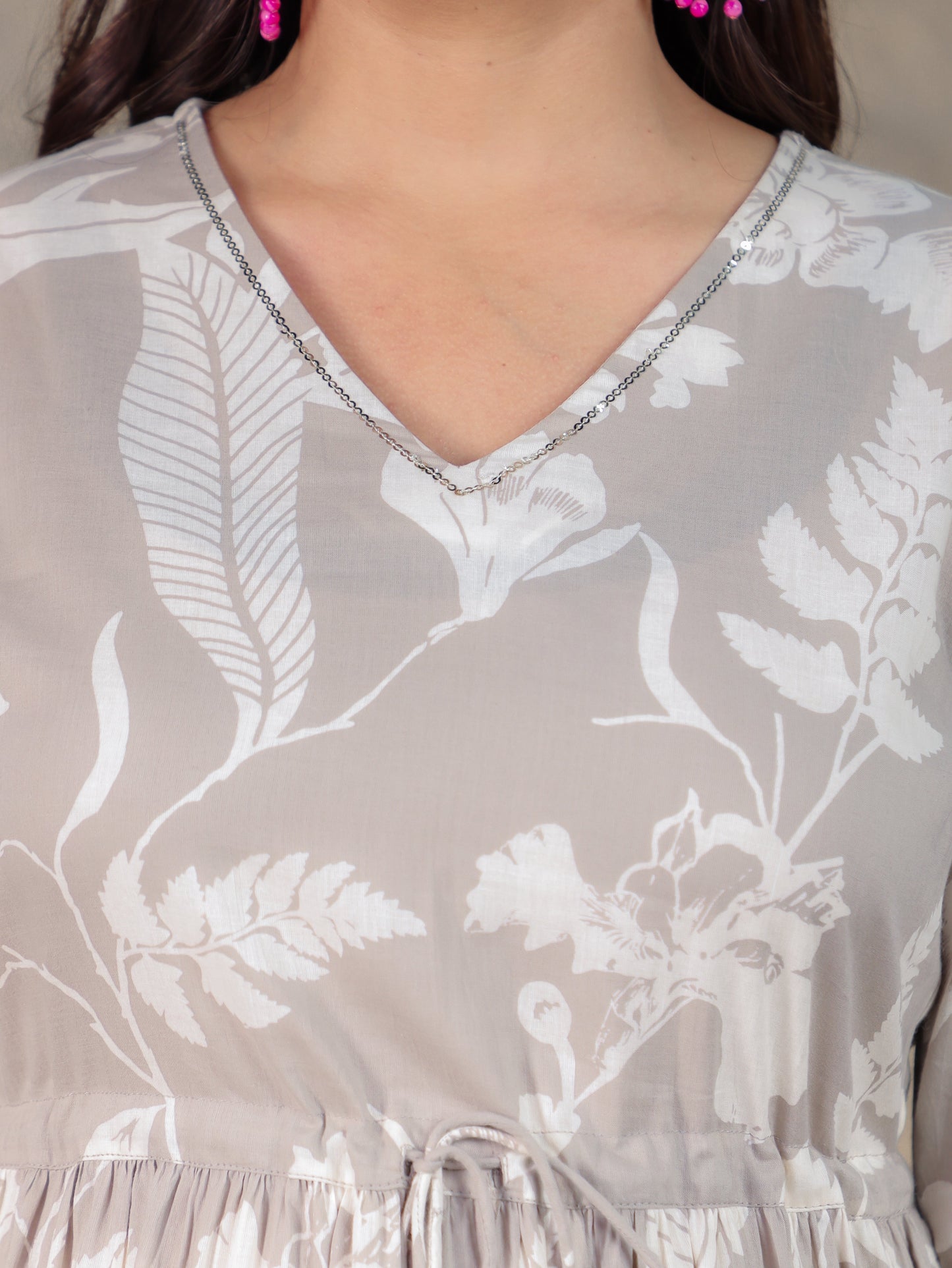 Embroidered Soft Cotton Floral Tiered Grey Dress