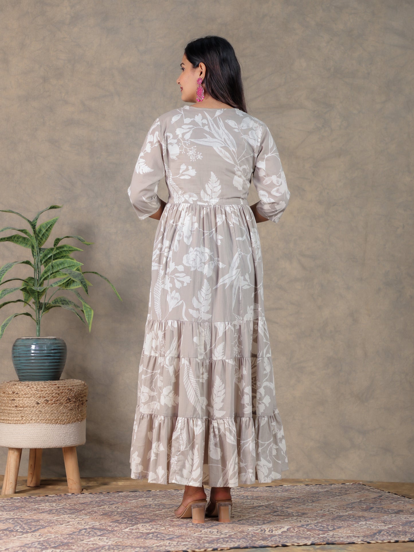 Embroidered Soft Cotton Floral Tiered Grey Dress