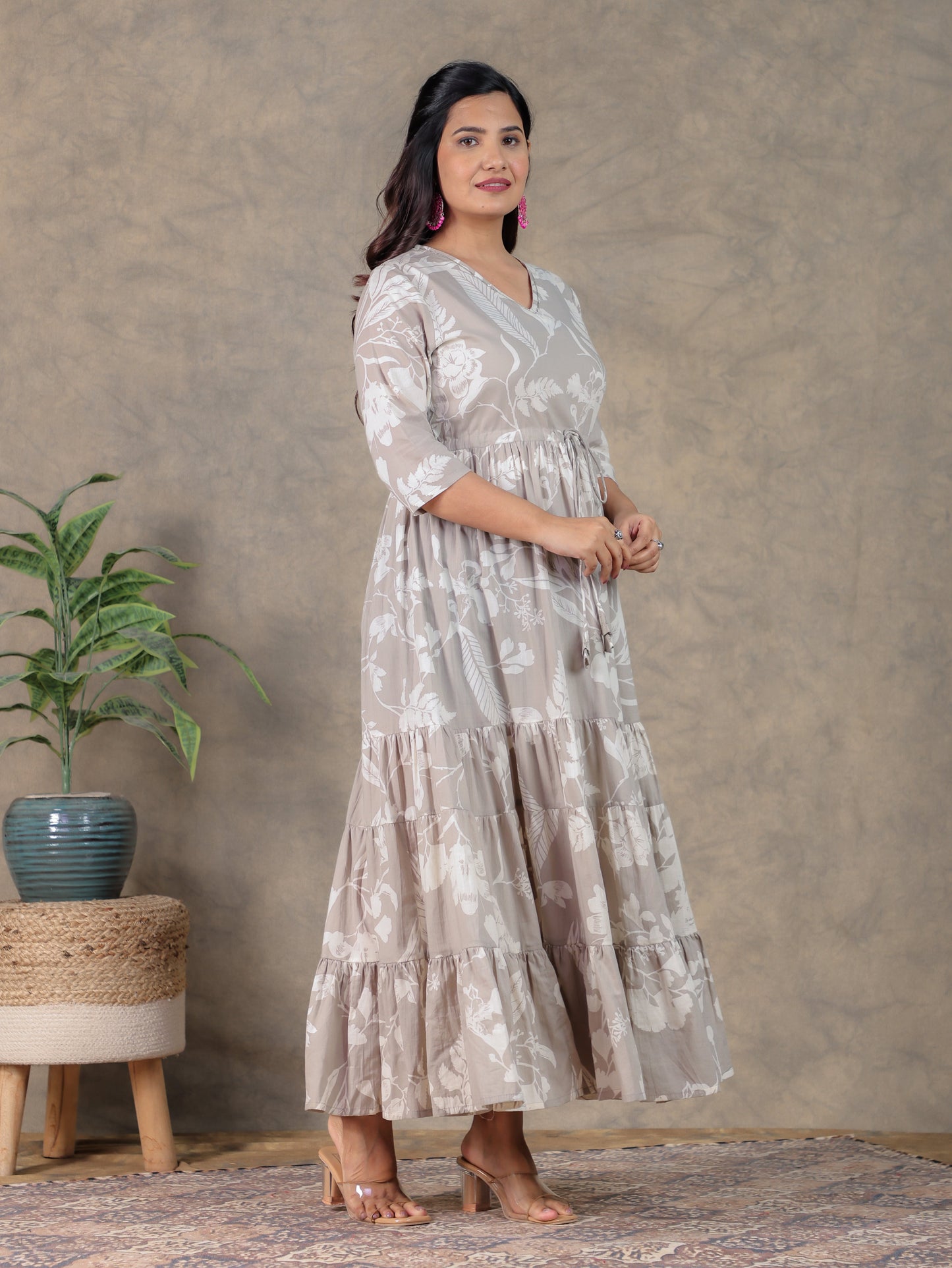 Embroidered Soft Cotton Floral Tiered Grey Dress