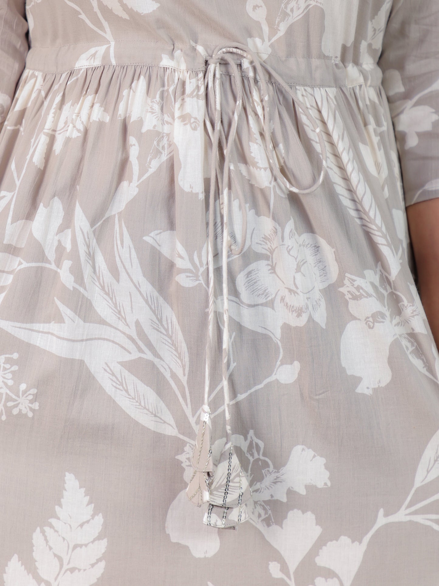Embroidered Soft Cotton Floral Tiered Grey Dress