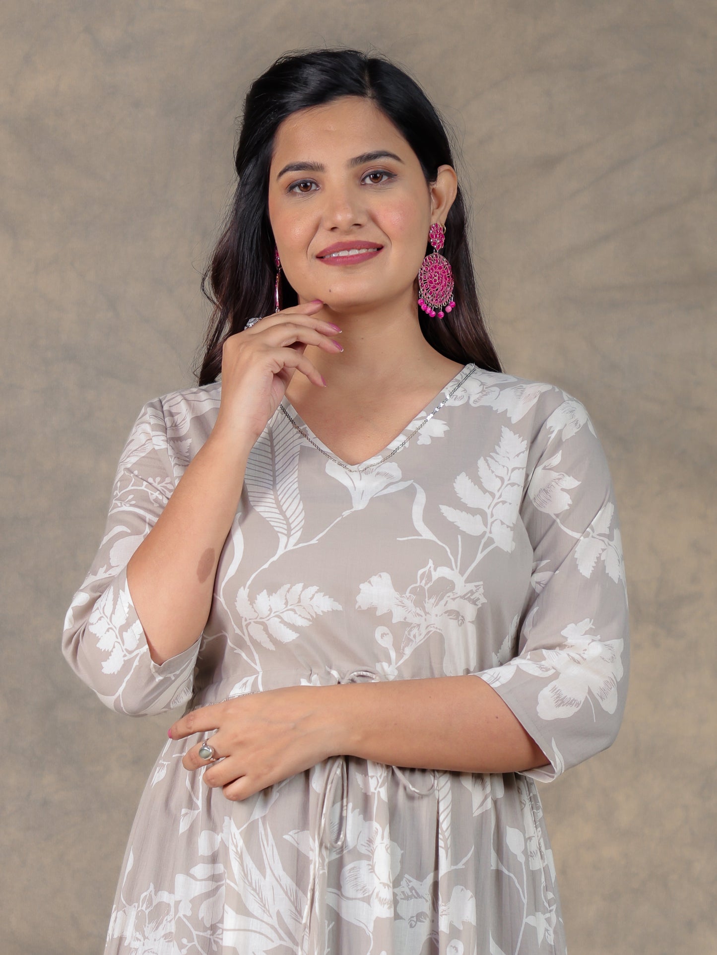 Embroidered Soft Cotton Floral Tiered Grey Dress