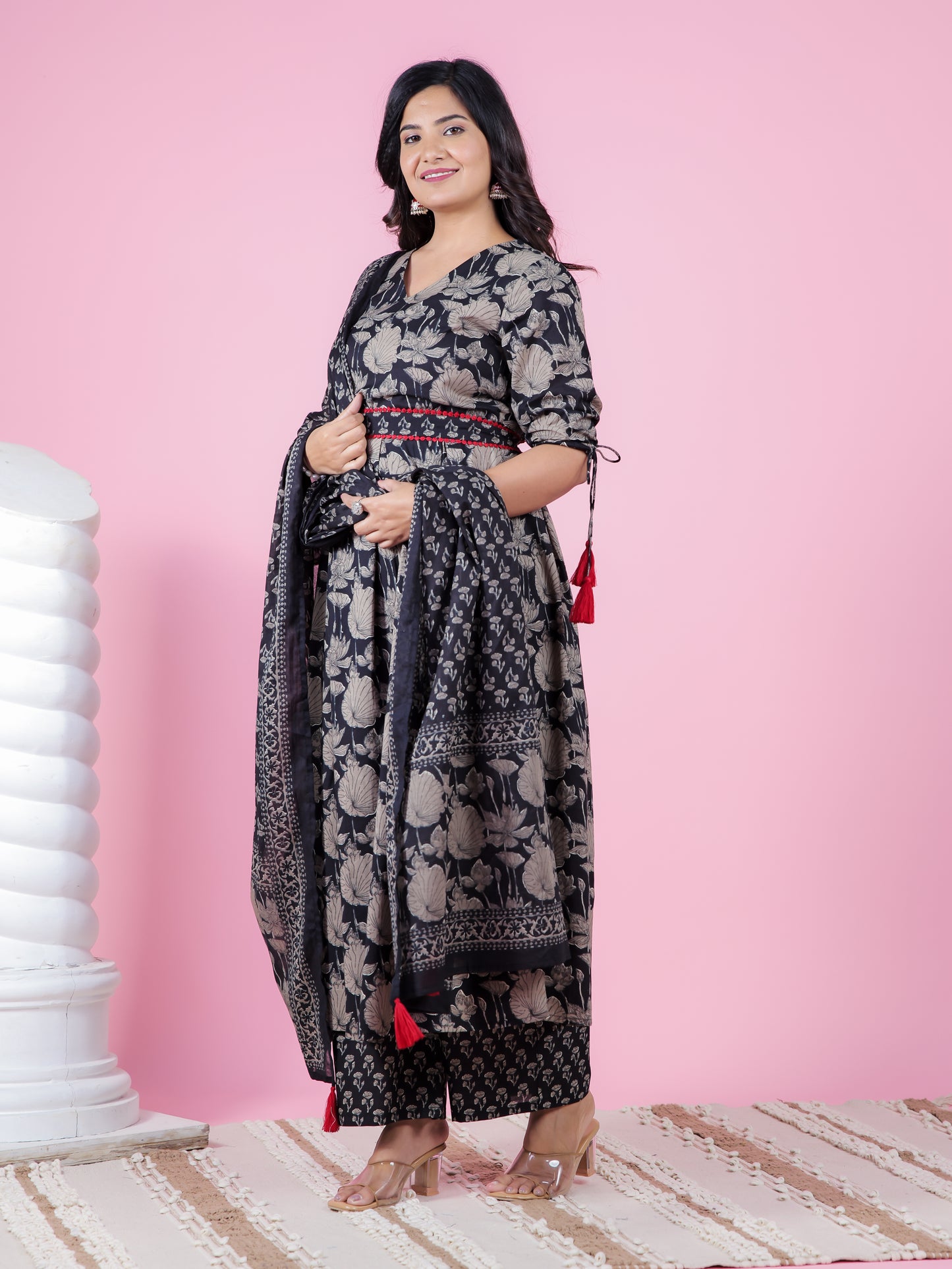 Soft Cotton Floral A-line Black Kurta