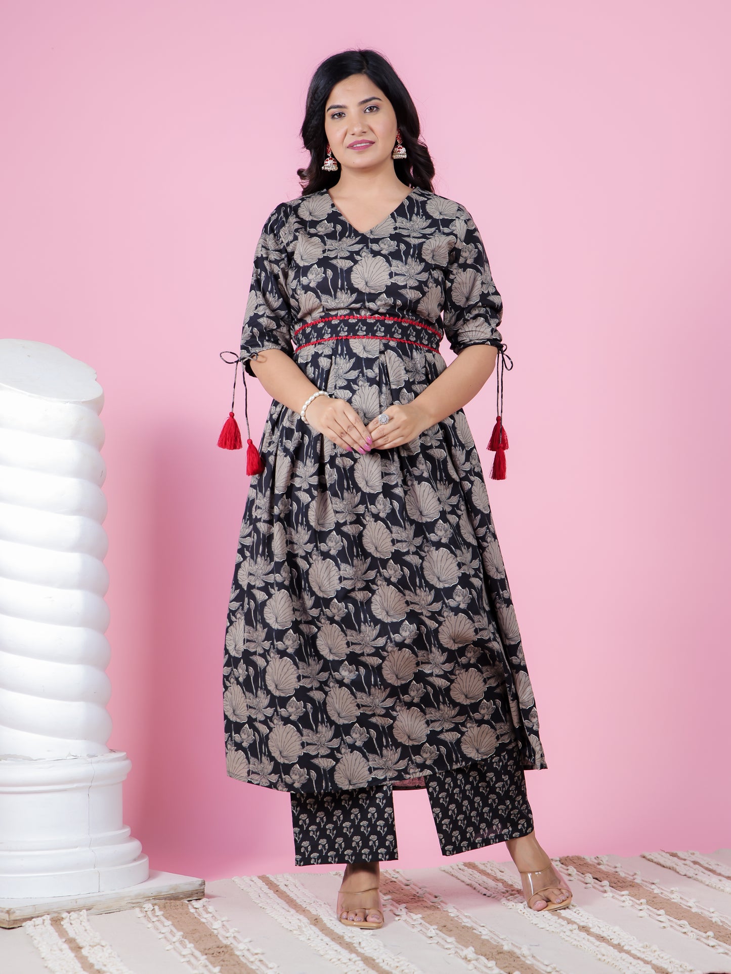 Soft Cotton Floral A-line Black Kurta