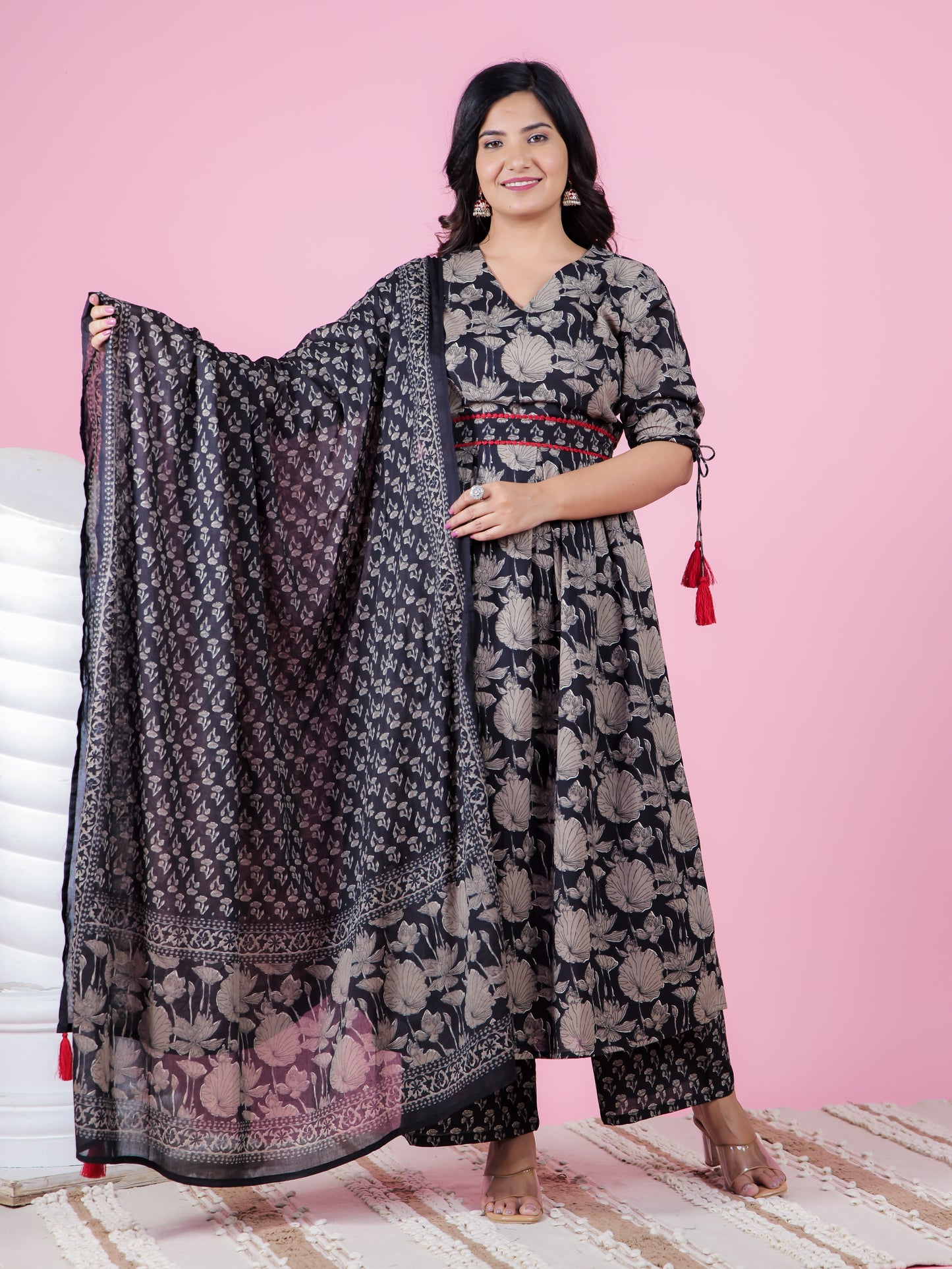 Soft Cotton Floral A-line Black Kurta