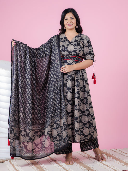 Soft Cotton Floral A-line Black Kurta