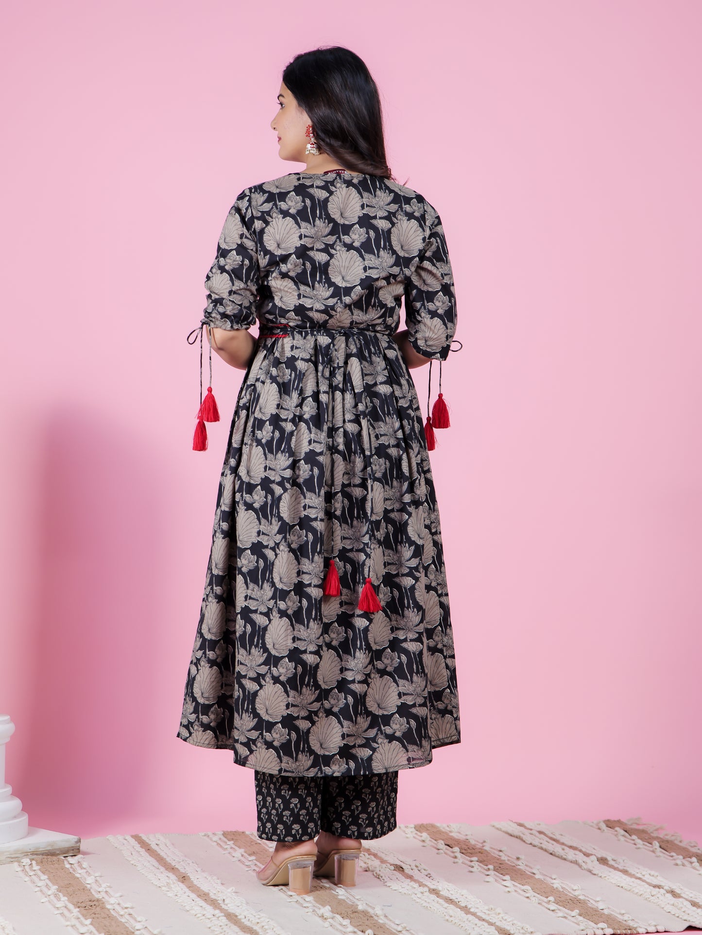 Soft Cotton Floral A-line Black Kurta