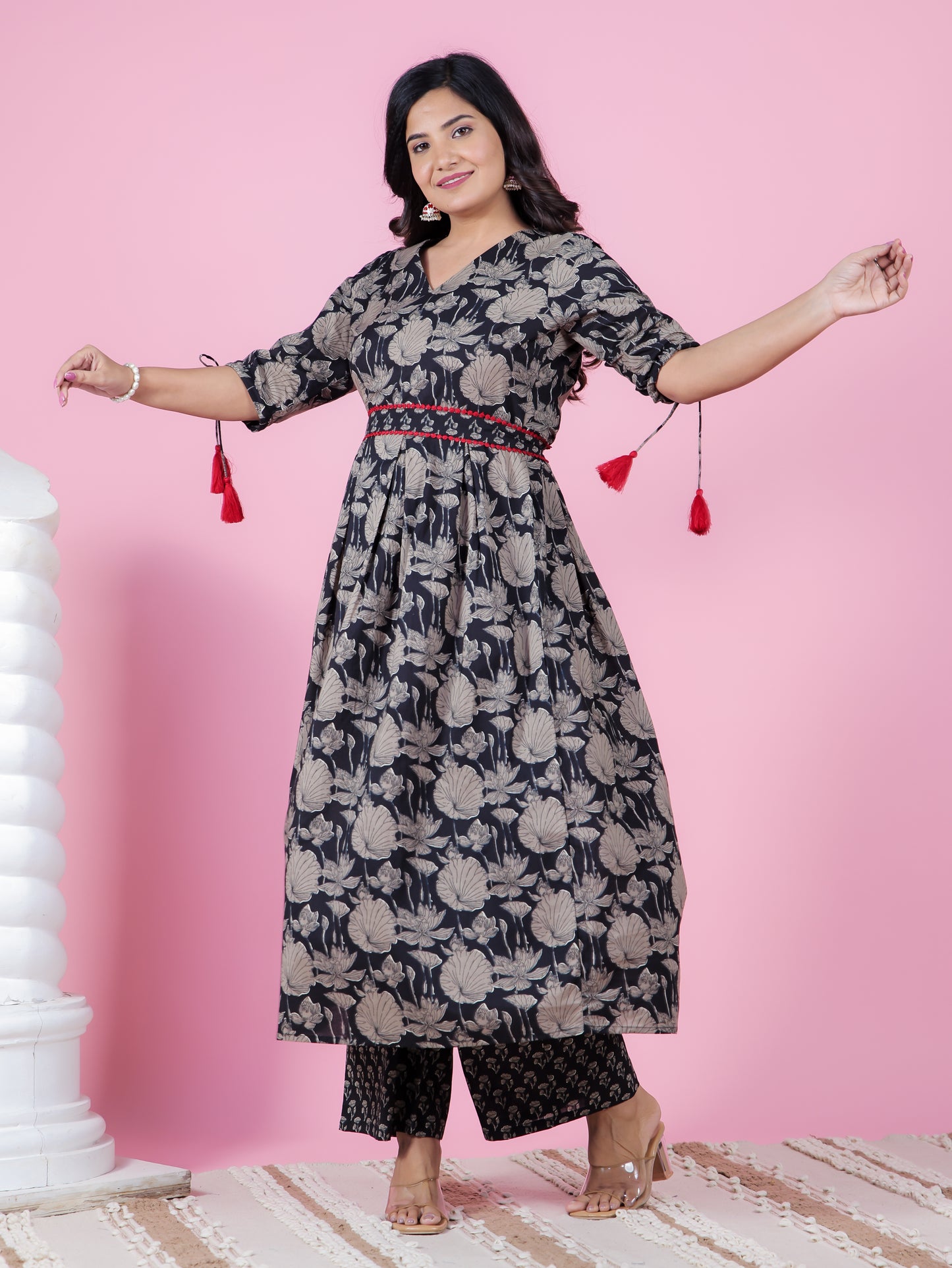 Soft Cotton Floral A-line Black Kurta