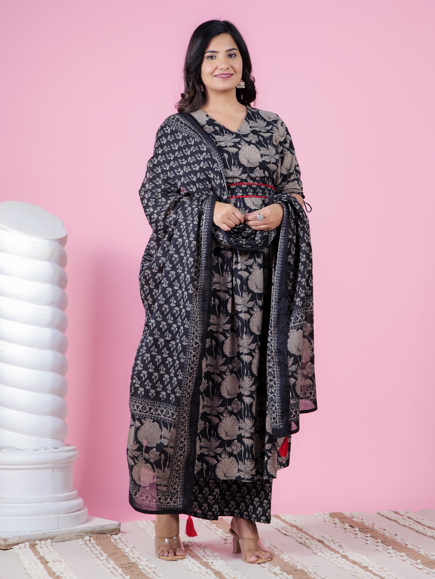 Soft Cotton Floral A-line Black Kurta