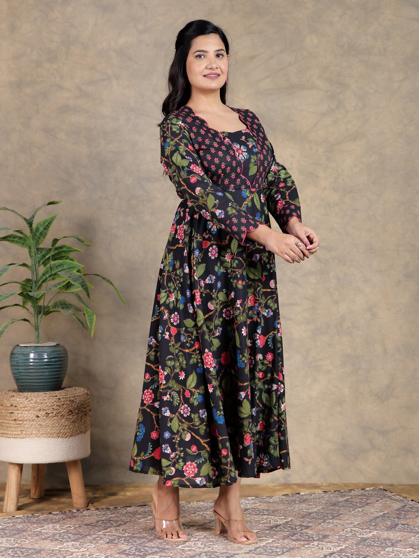 Embroidered Soft Cotton Floral Flared Black Dress