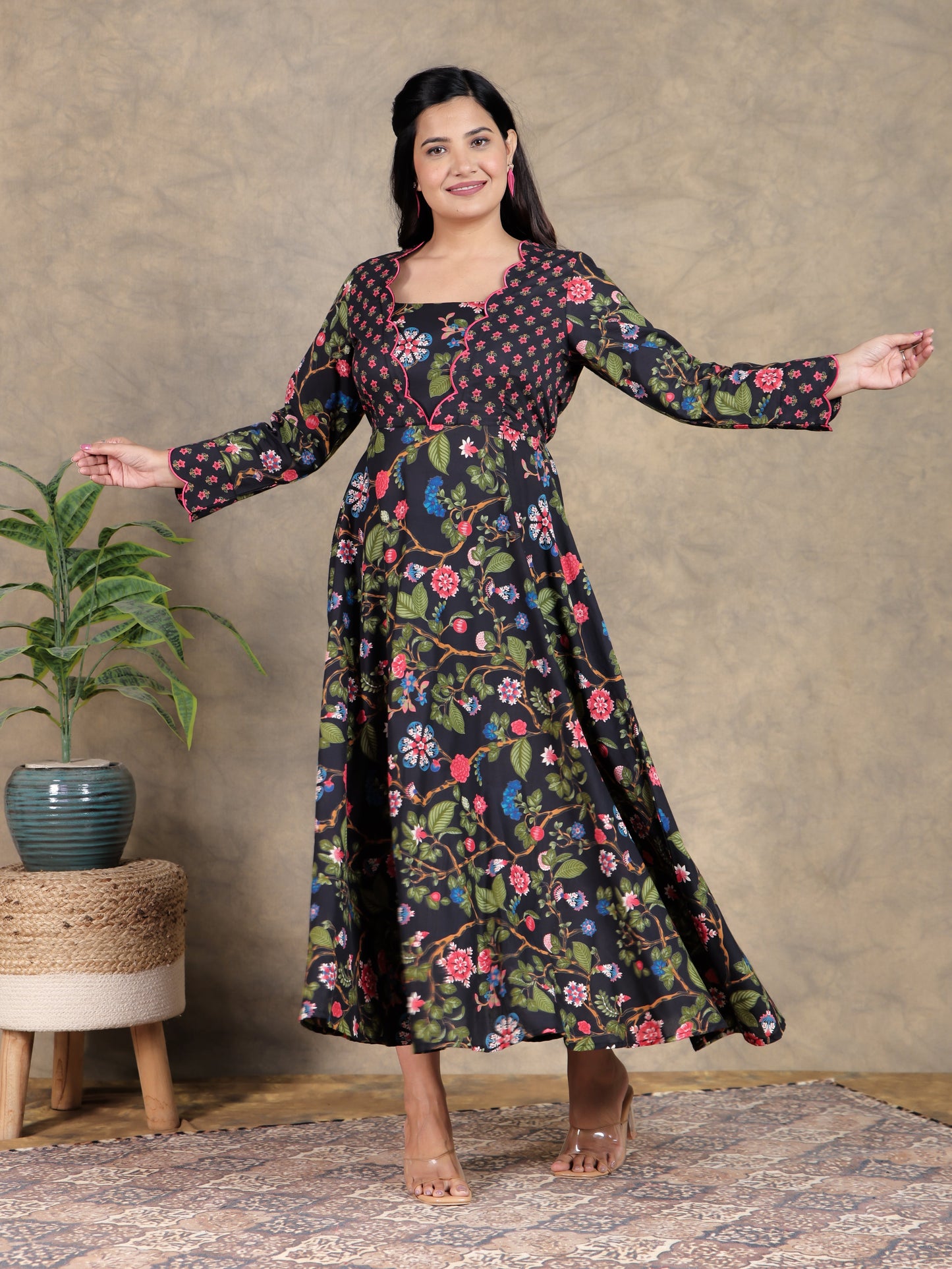 Embroidered Soft Cotton Floral Flared Black Dress