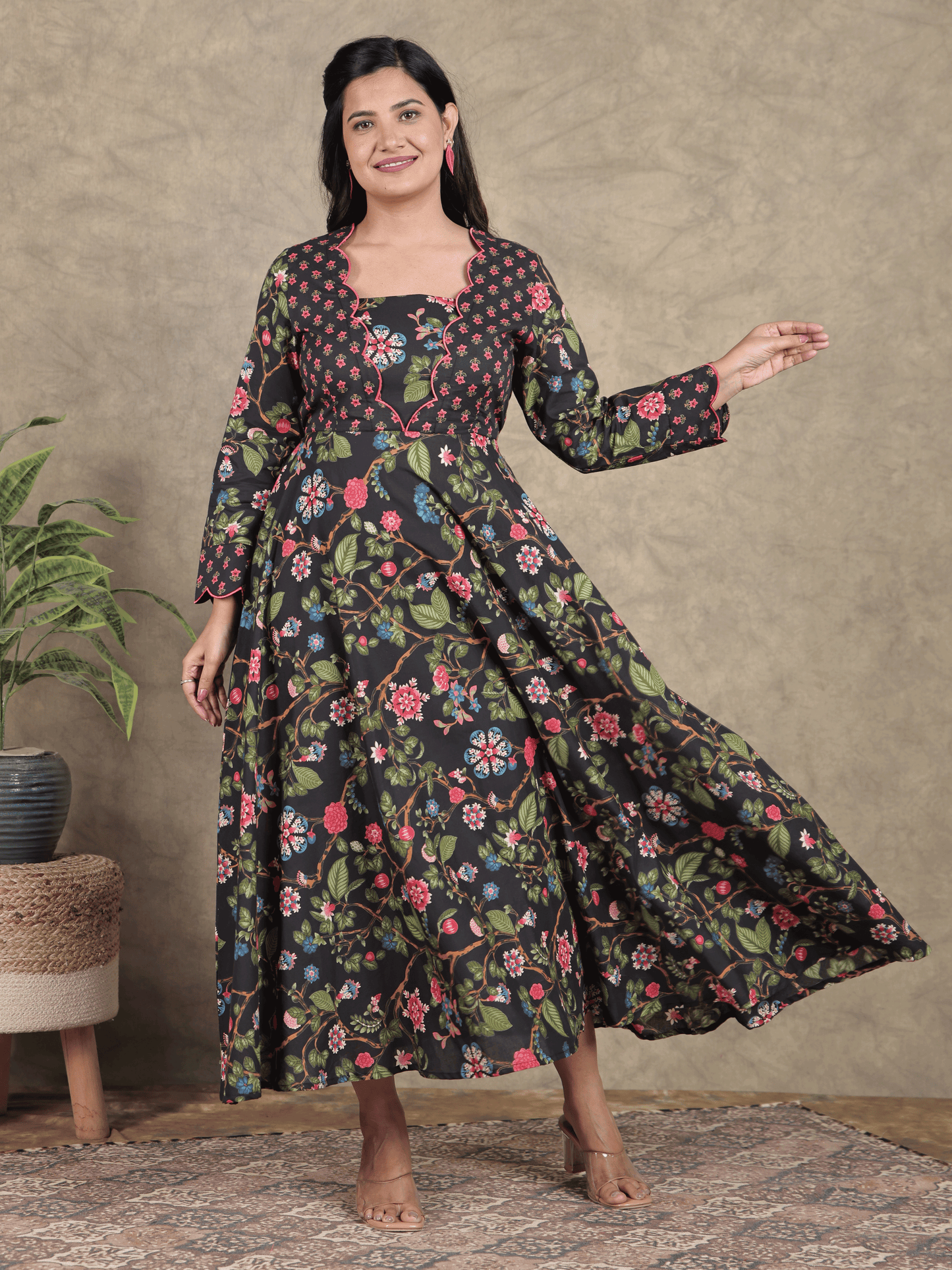 Embroidered Soft Cotton Floral Flared Black Dress