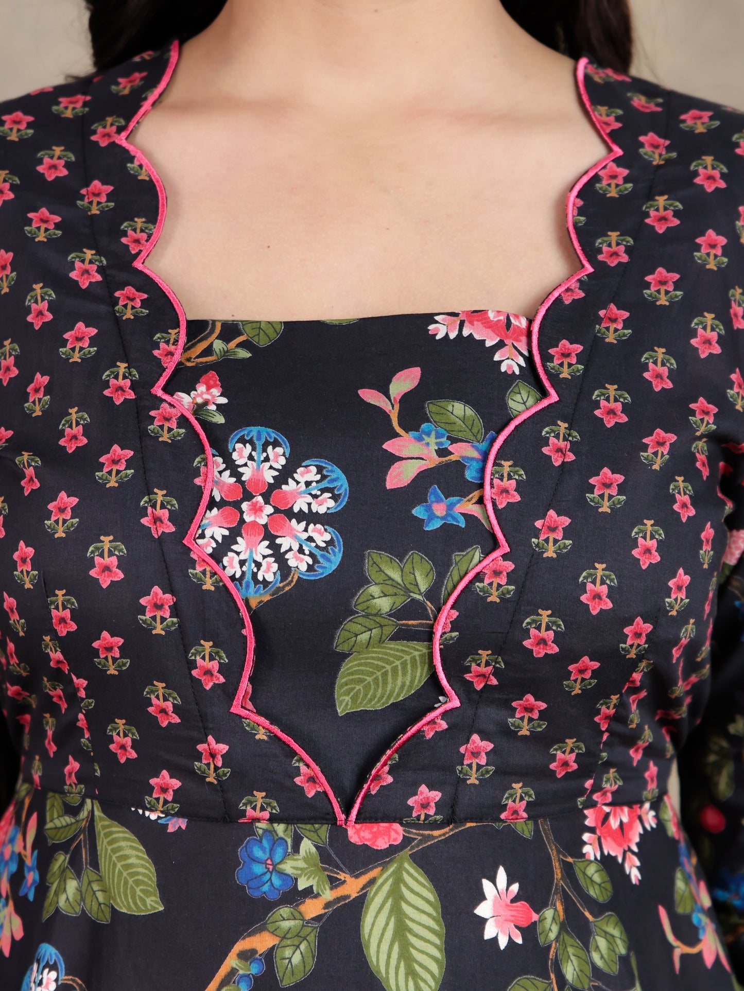 Embroidered Soft Cotton Floral Flared Black Dress