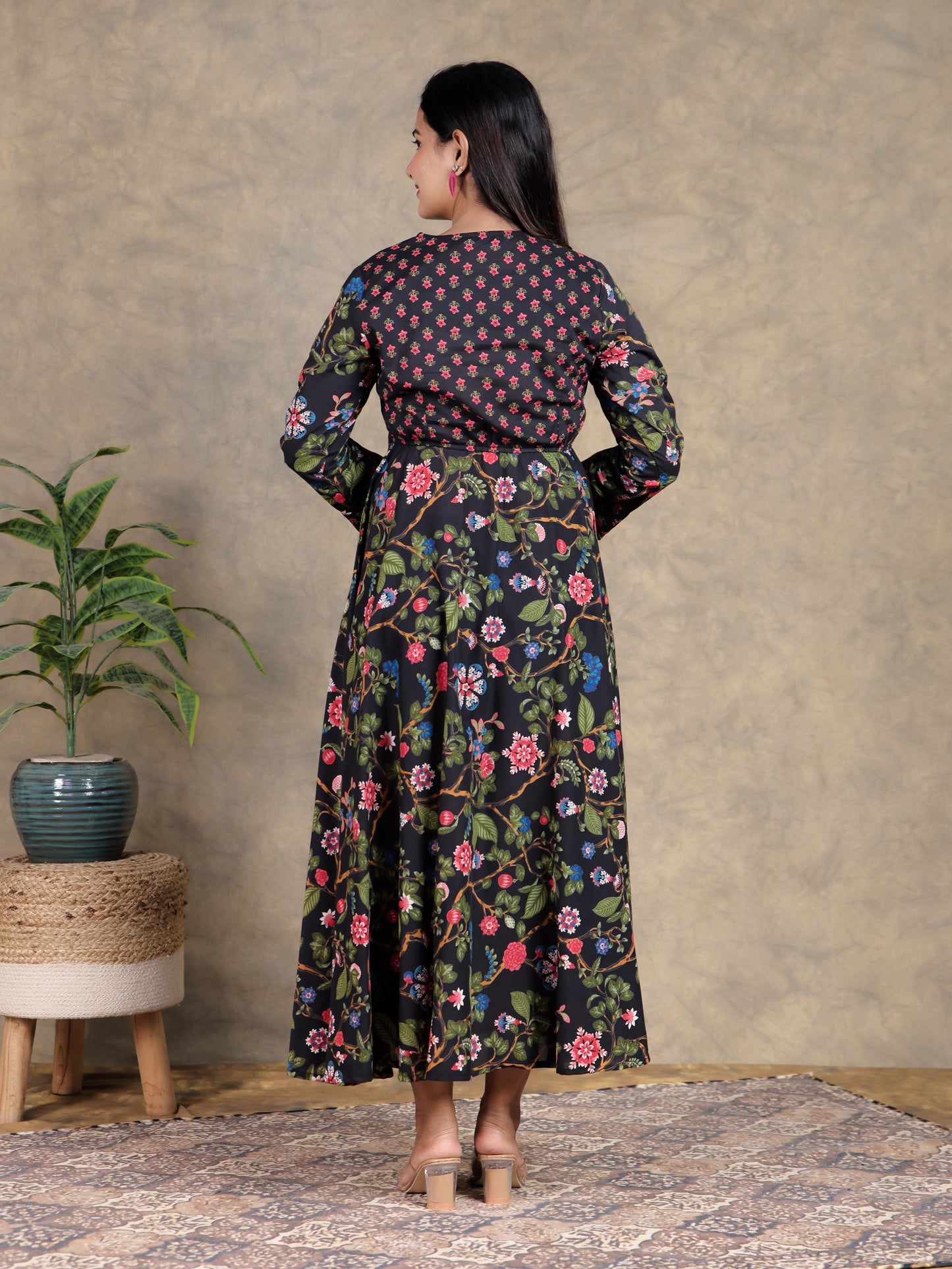 Embroidered Soft Cotton Floral Flared Black Dress