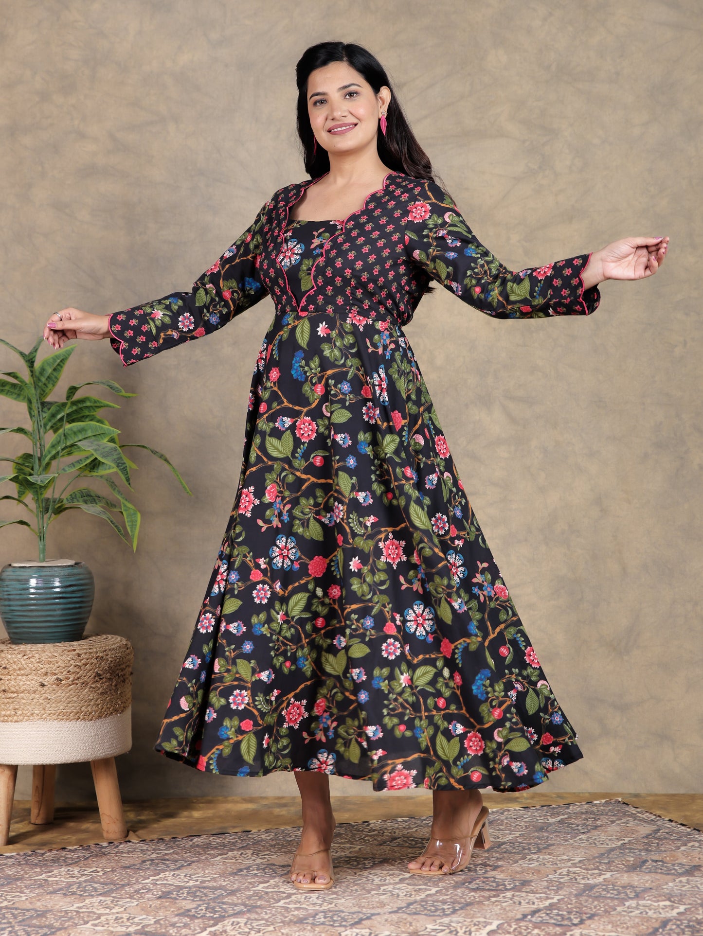 Embroidered Soft Cotton Floral Flared Black Dress
