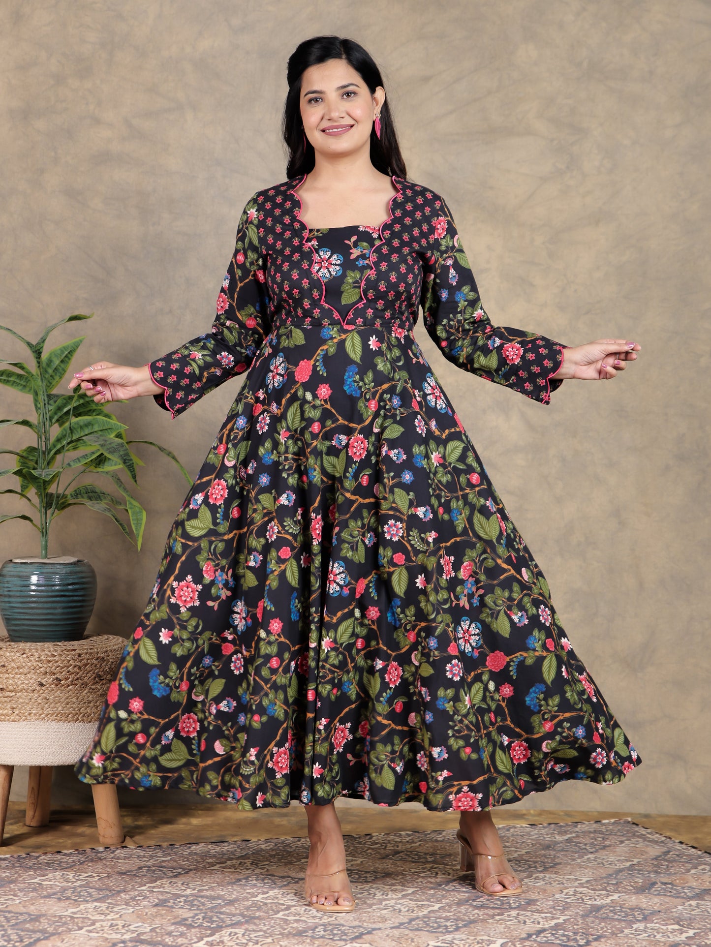 Embroidered Soft Cotton Floral Flared Black Dress