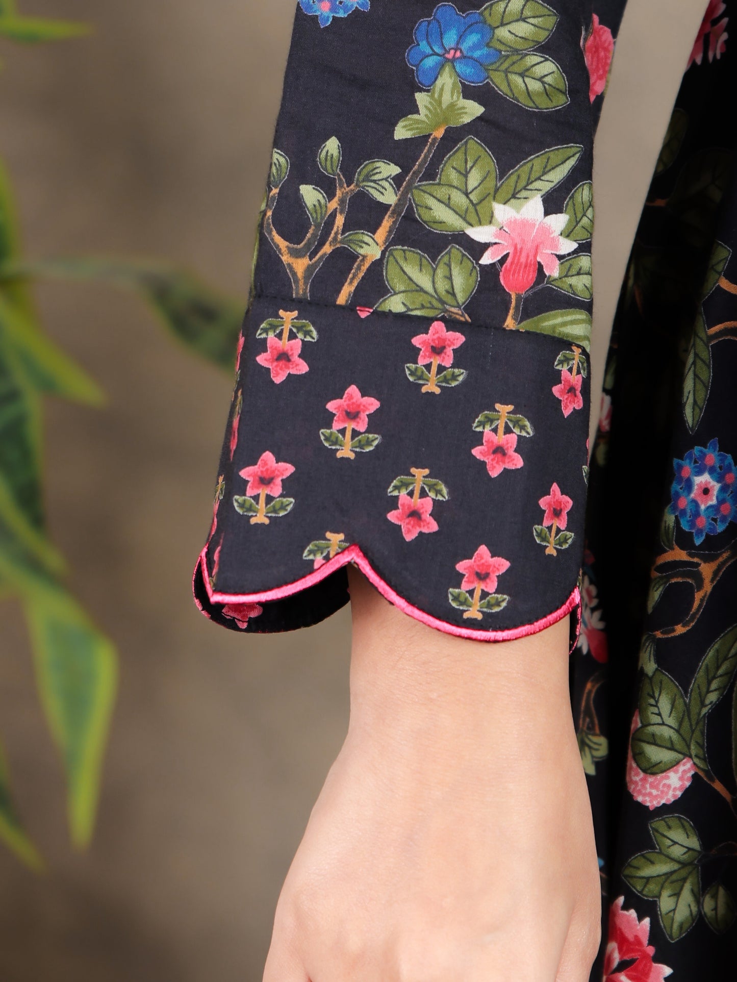 Embroidered Soft Cotton Floral Flared Black Dress