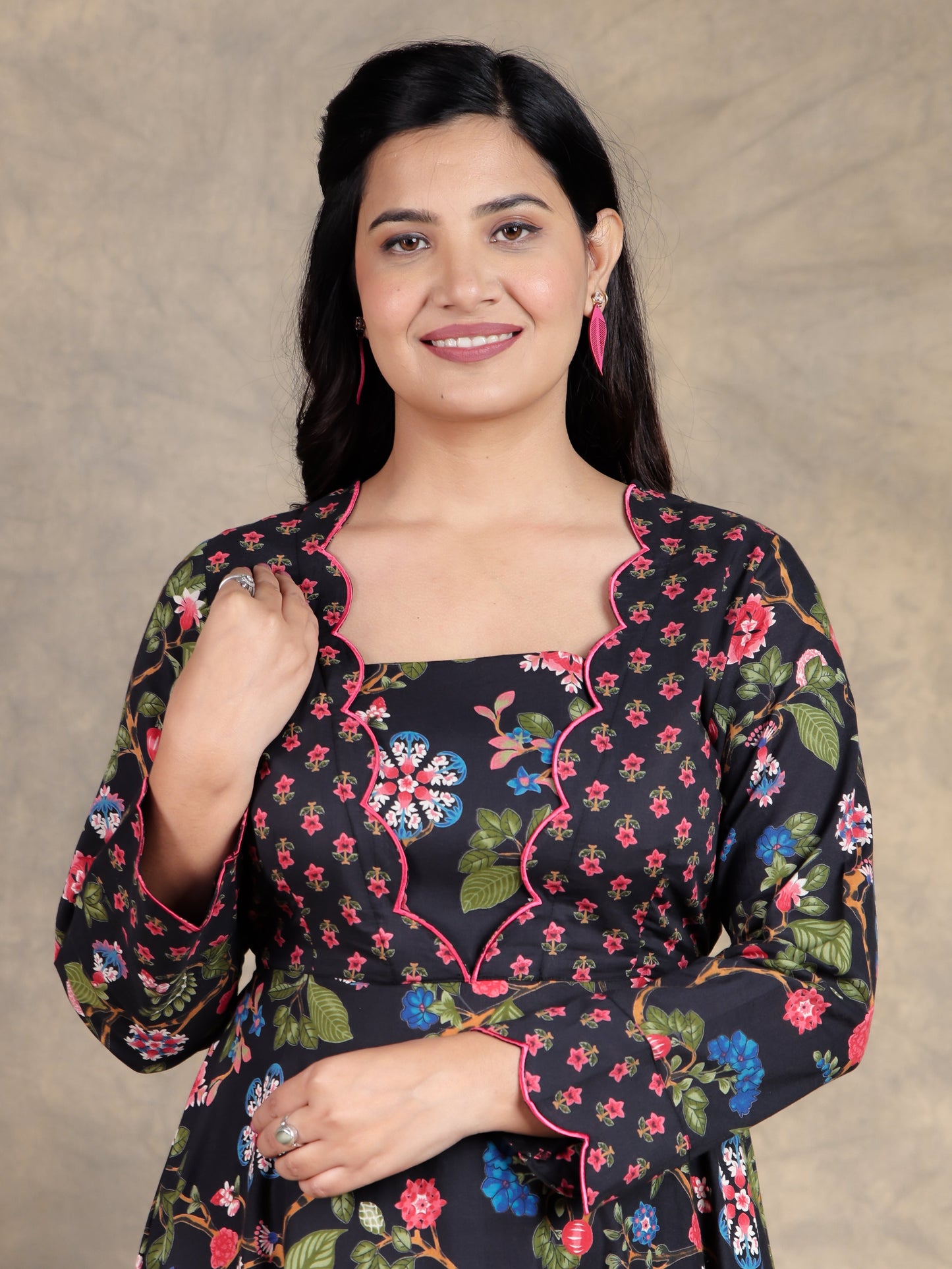 Embroidered Soft Cotton Floral Flared Black Dress