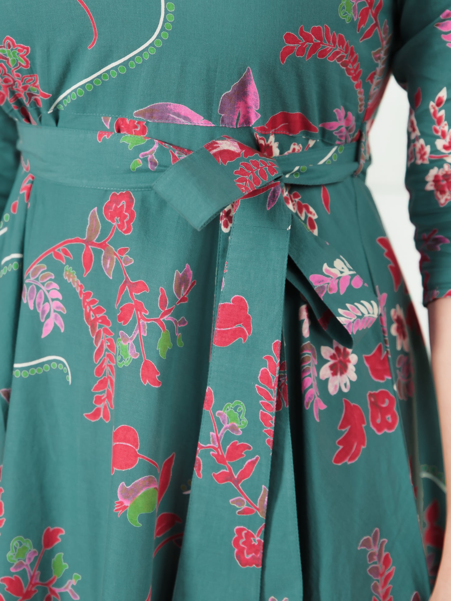 Soft Cotton Floral Flared Green Dress