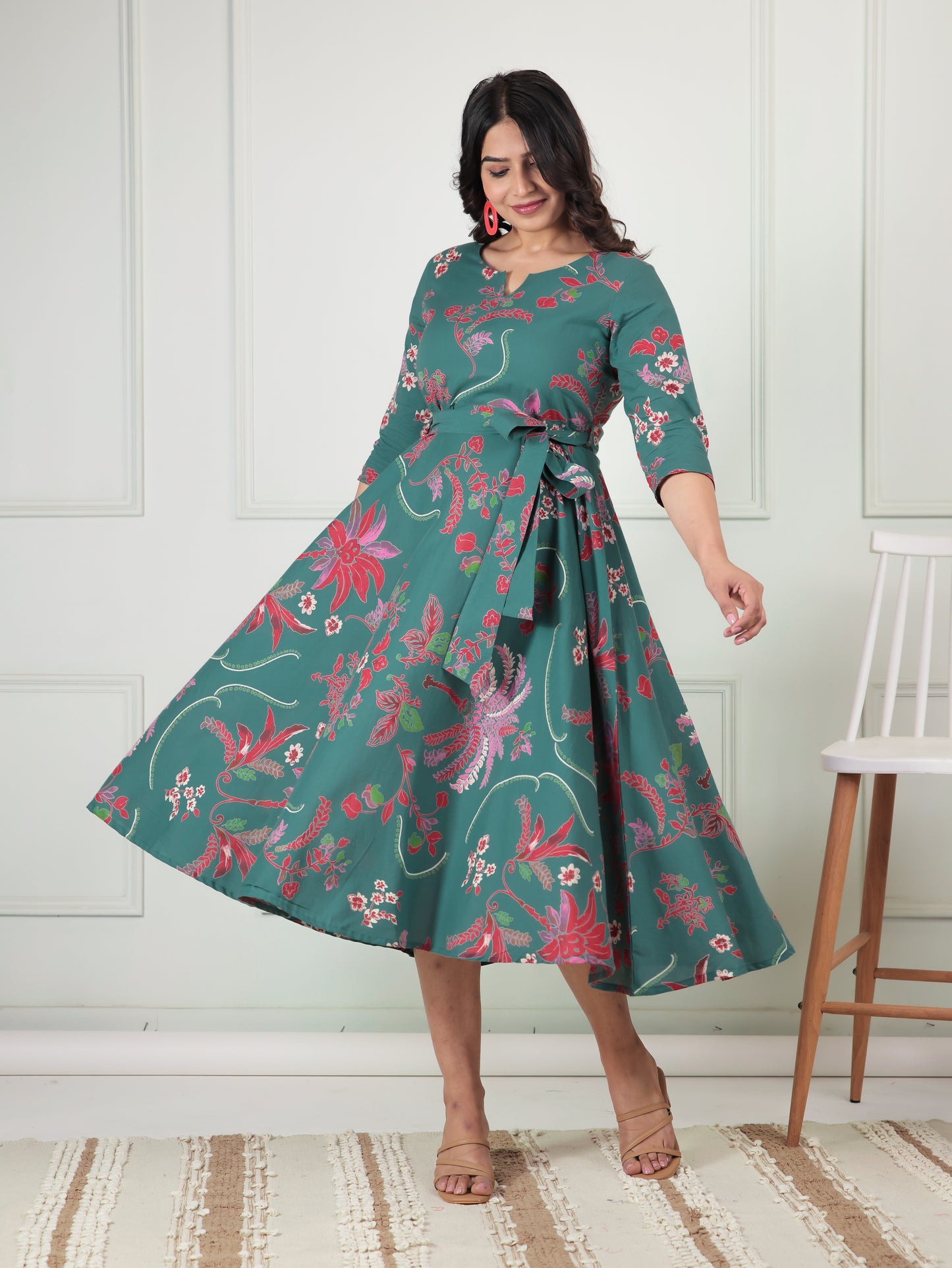 Soft Cotton Floral Flared Green Dress