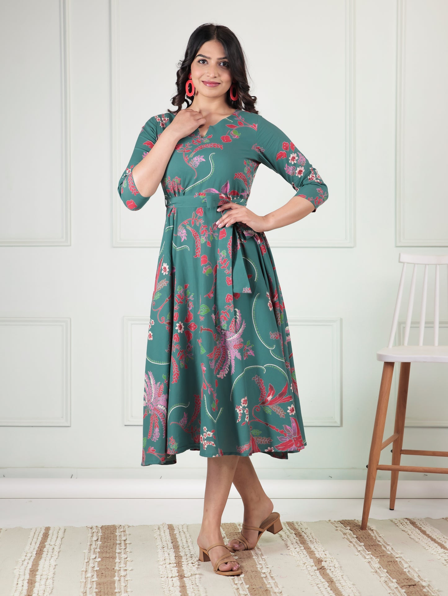 Soft Cotton Floral Flared Green Dress