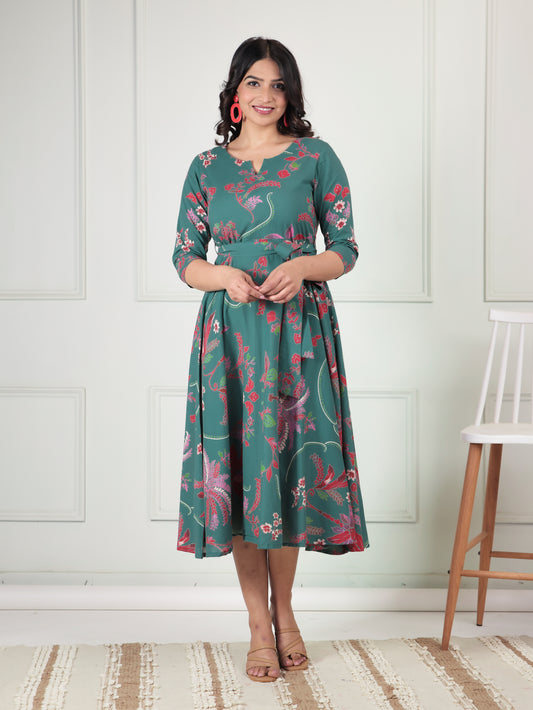 Soft Cotton Floral Flared Green Dress