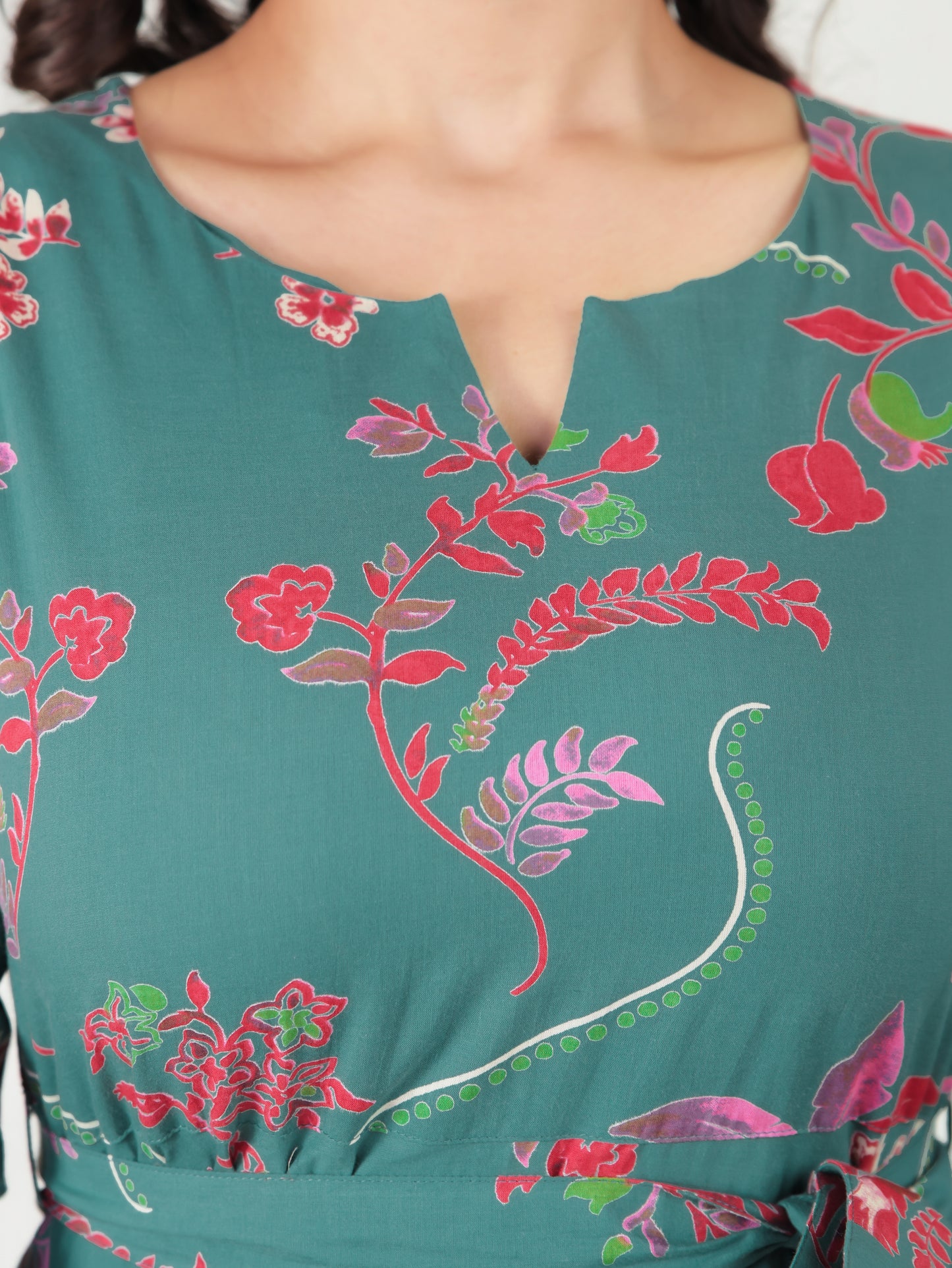 Soft Cotton Floral Flared Green Dress