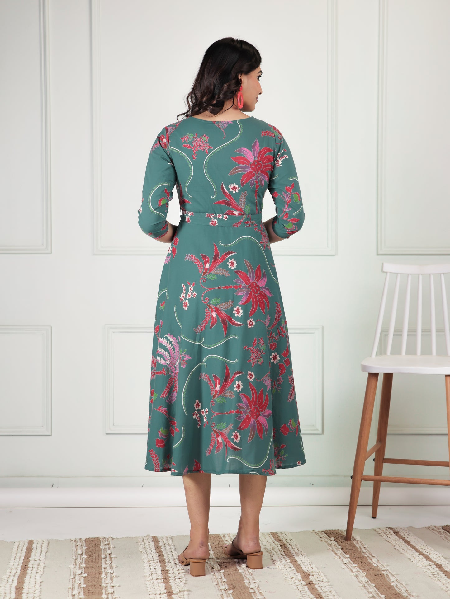 Soft Cotton Floral Flared Green Dress