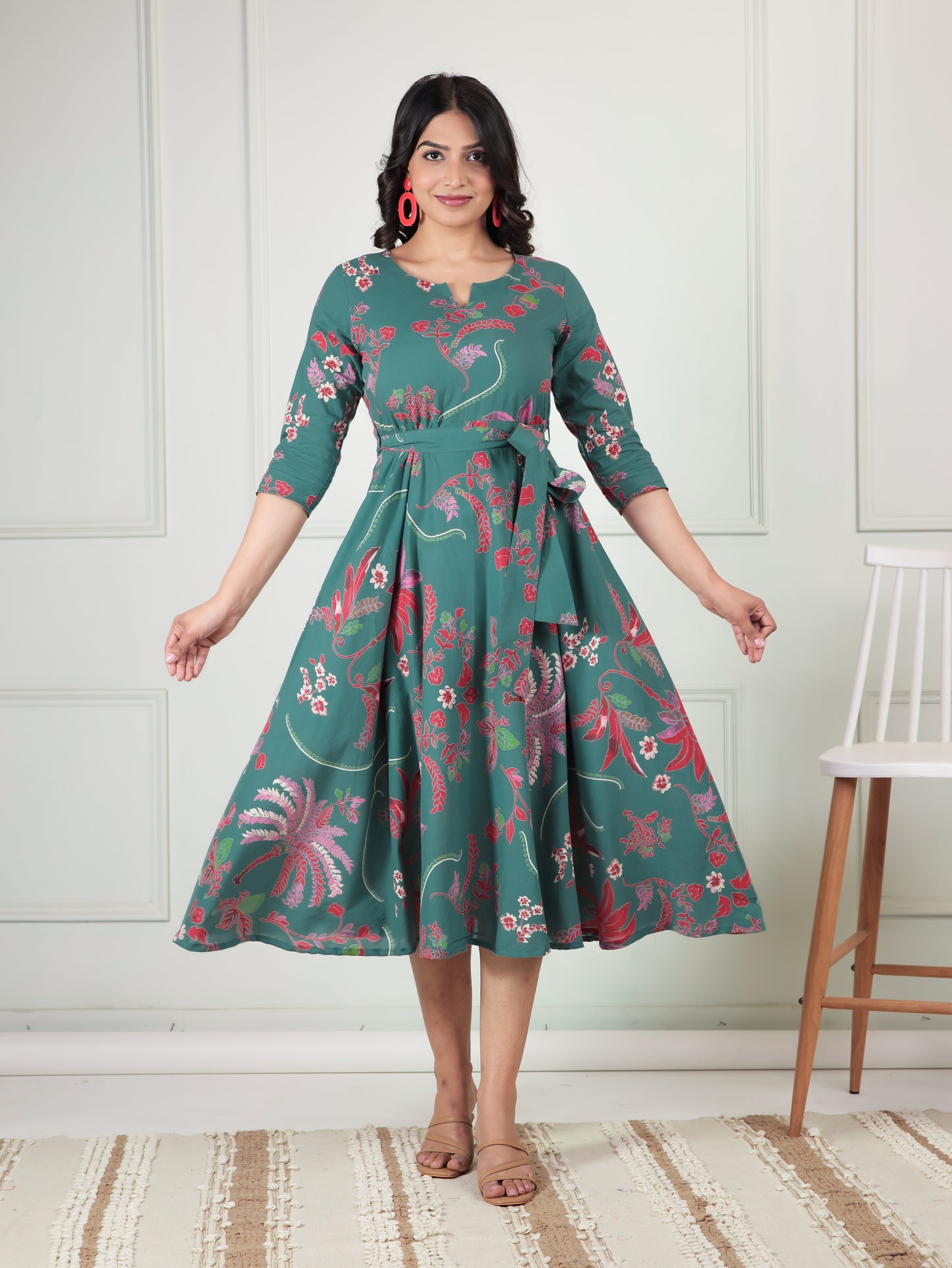Soft Cotton Floral Flared Green Dress