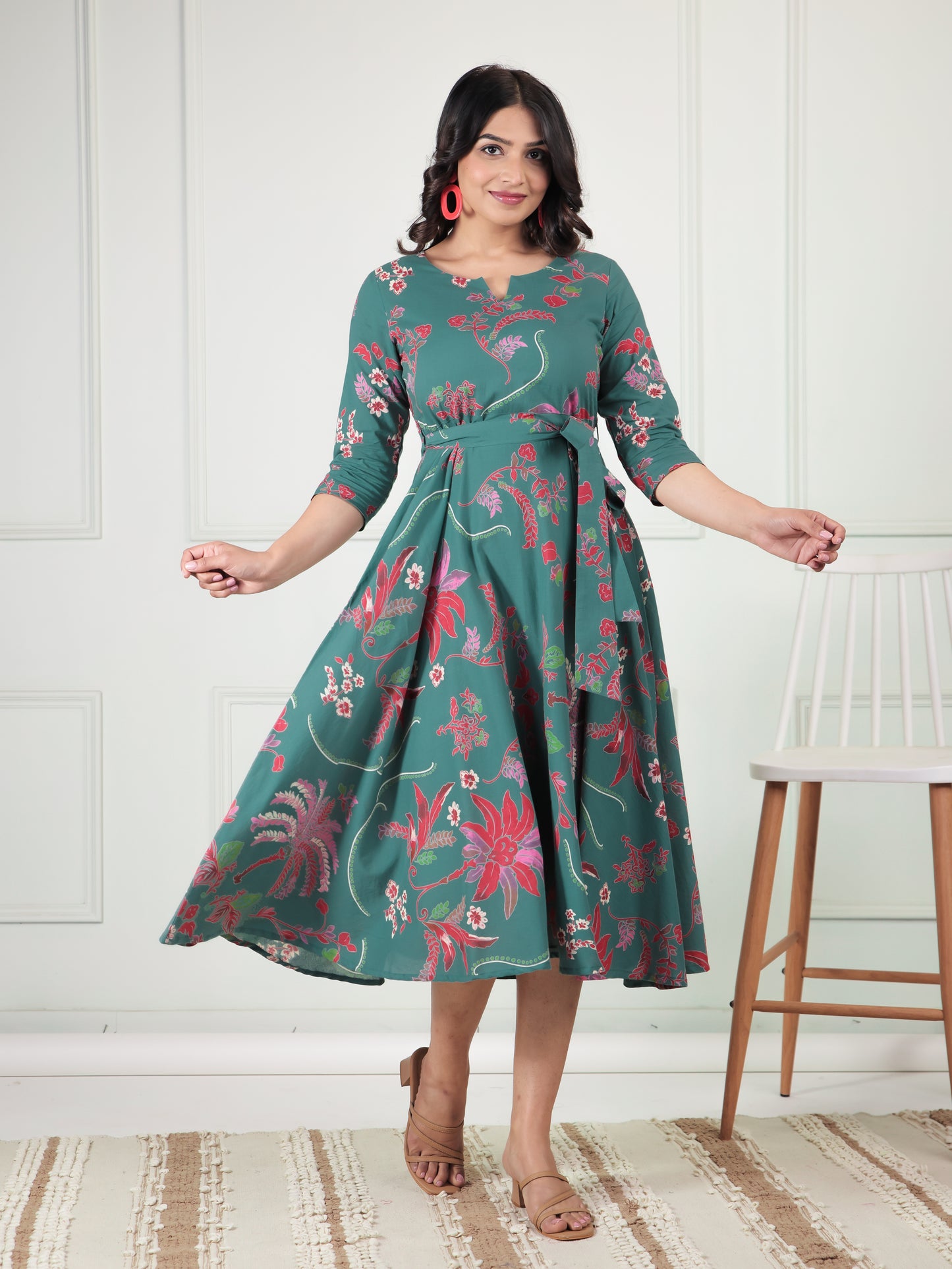 Soft Cotton Floral Flared Green Dress