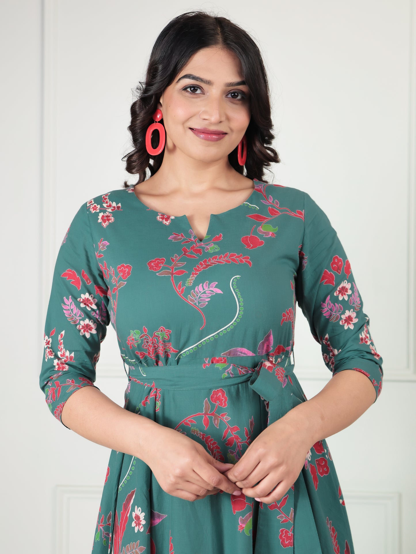 Soft Cotton Floral Flared Green Dress