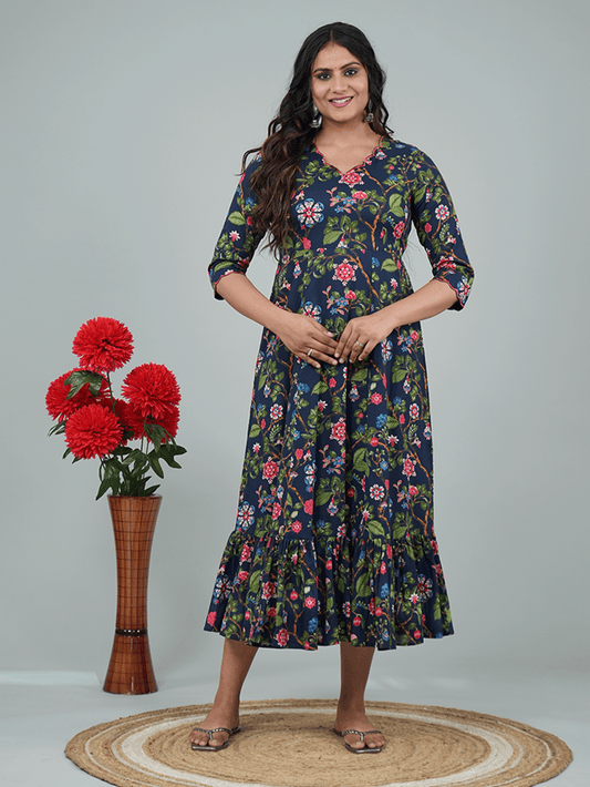 Embroidered Soft Cotton Floral Tiered Navy Blue Dress