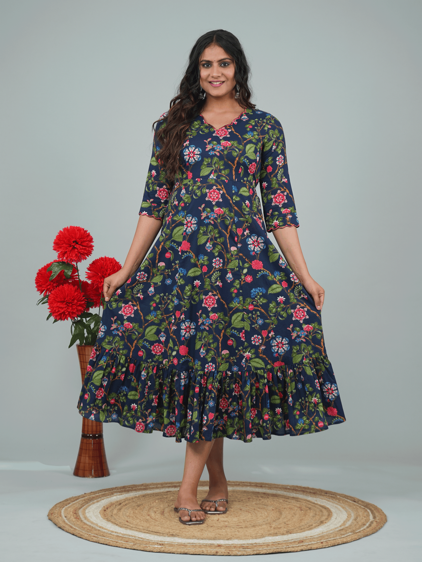 Embroidered Soft Cotton Floral Tiered Navy Blue Dress