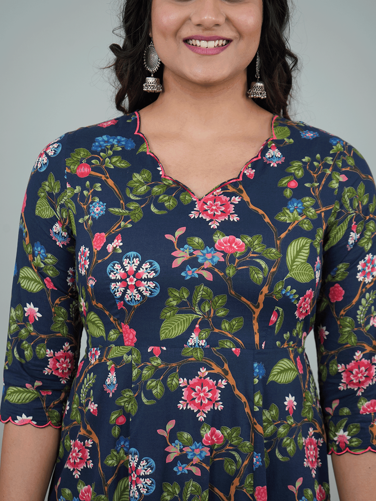 Embroidered Soft Cotton Floral Tiered Navy Blue Dress