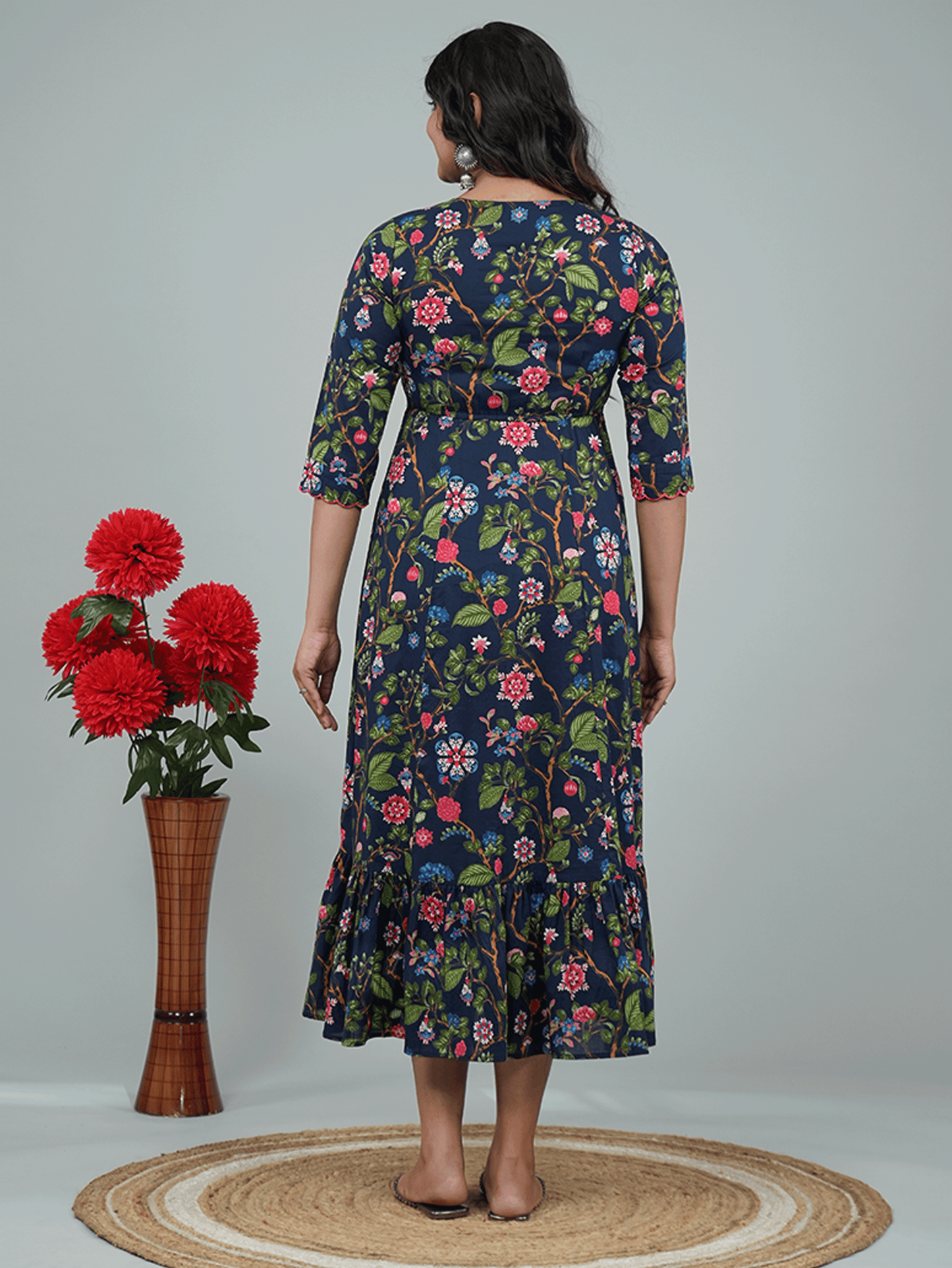 Embroidered Soft Cotton Floral Tiered Navy Blue Dress
