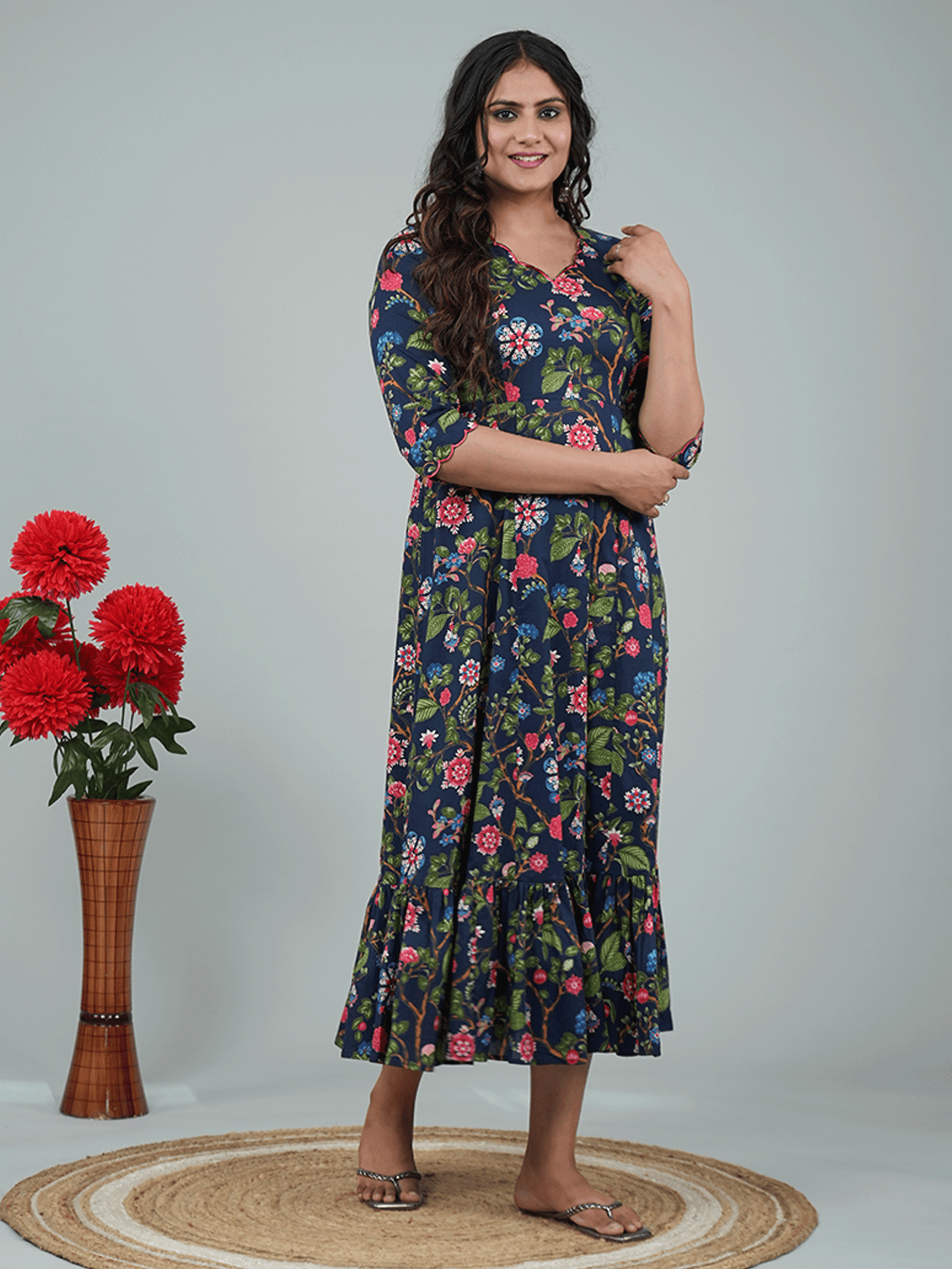 Embroidered Soft Cotton Floral Tiered Navy Blue Dress