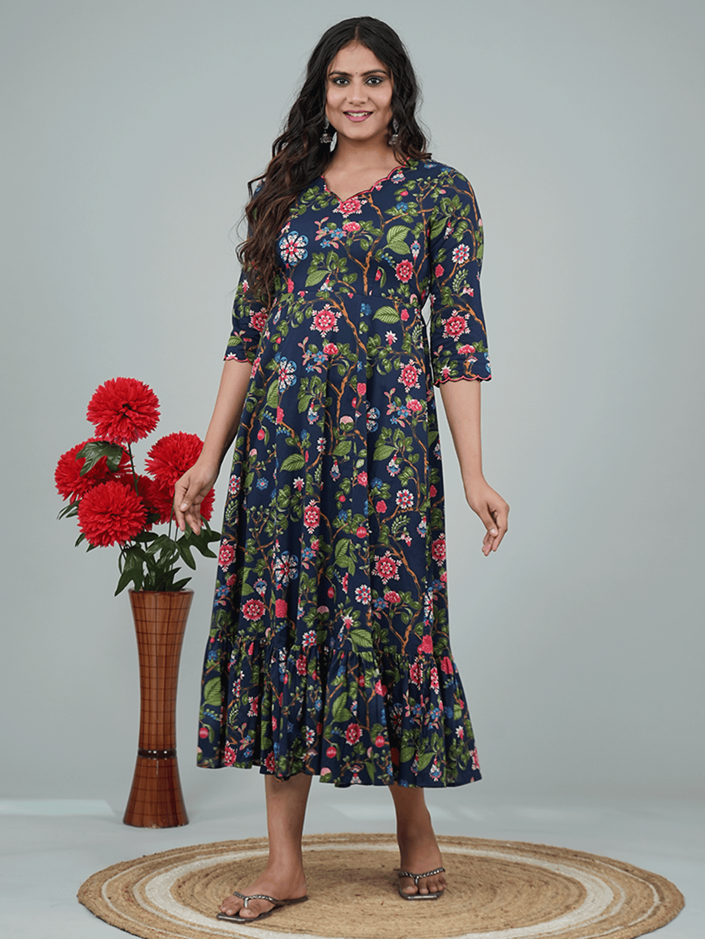 Embroidered Soft Cotton Floral Tiered Navy Blue Dress