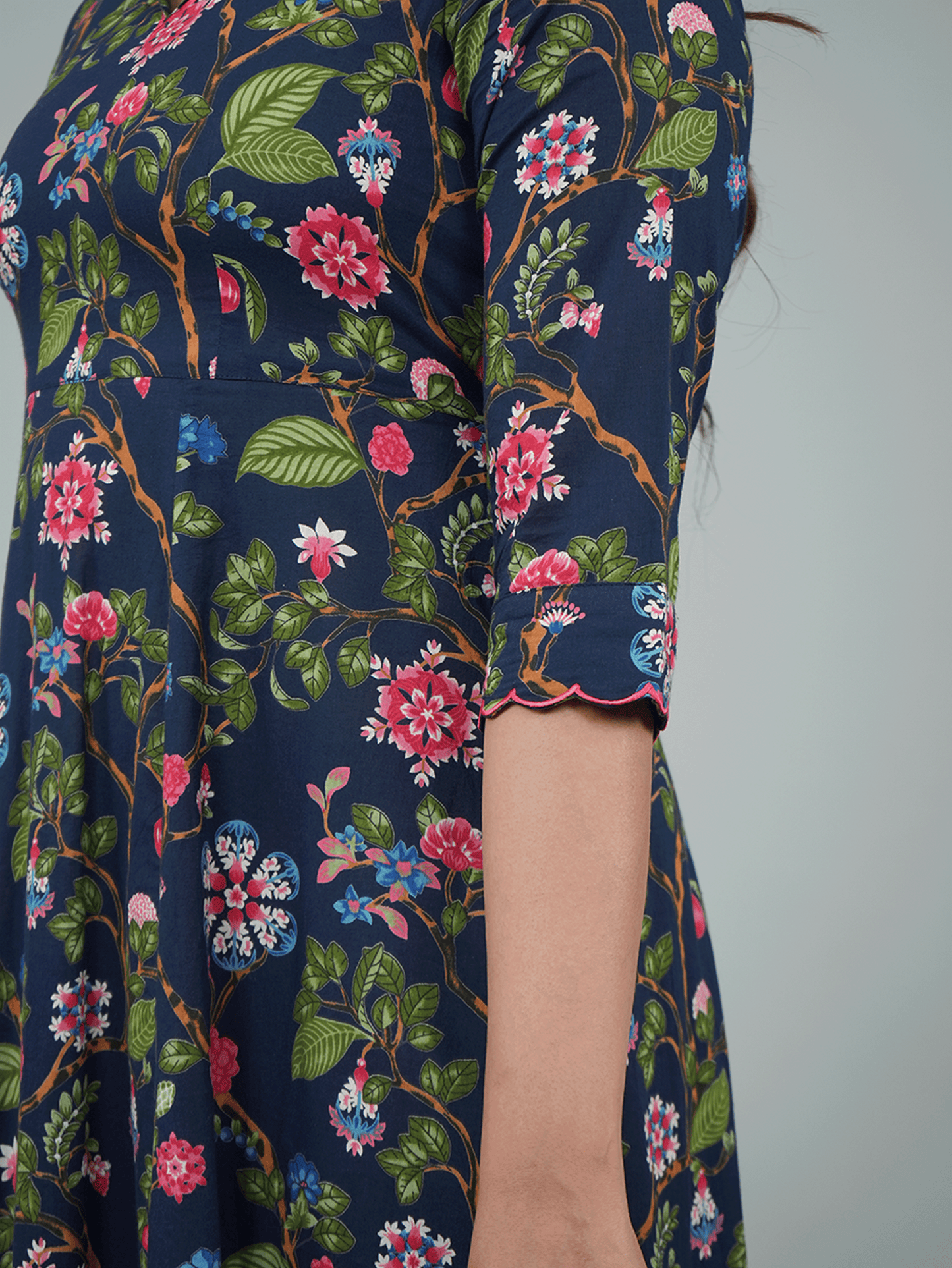 Embroidered Soft Cotton Floral Tiered Navy Blue Dress