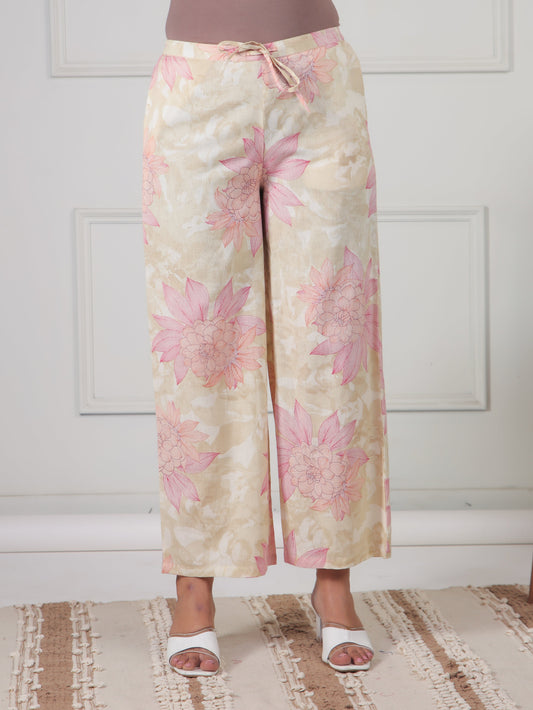 Linen Cotton Floral Beige Palazzo