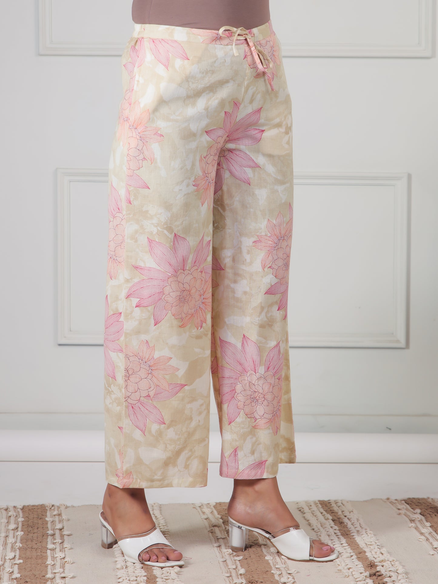 Linen Cotton Floral Beige Palazzo