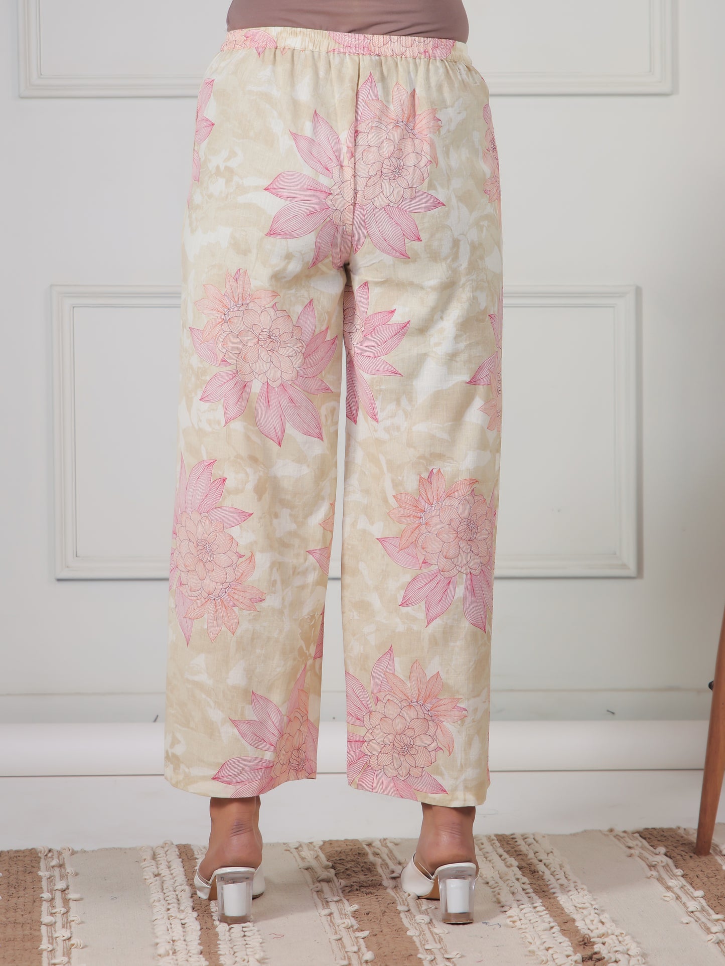 Linen Cotton Floral Beige Palazzo