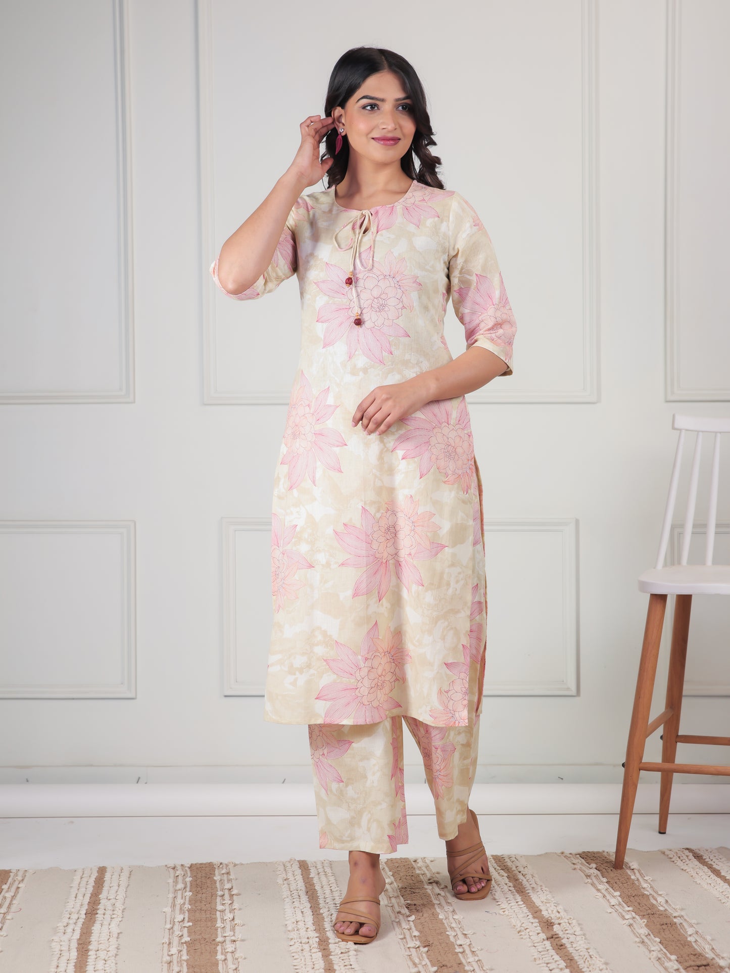 Linen Cotton Floral Straight Beige Kurta